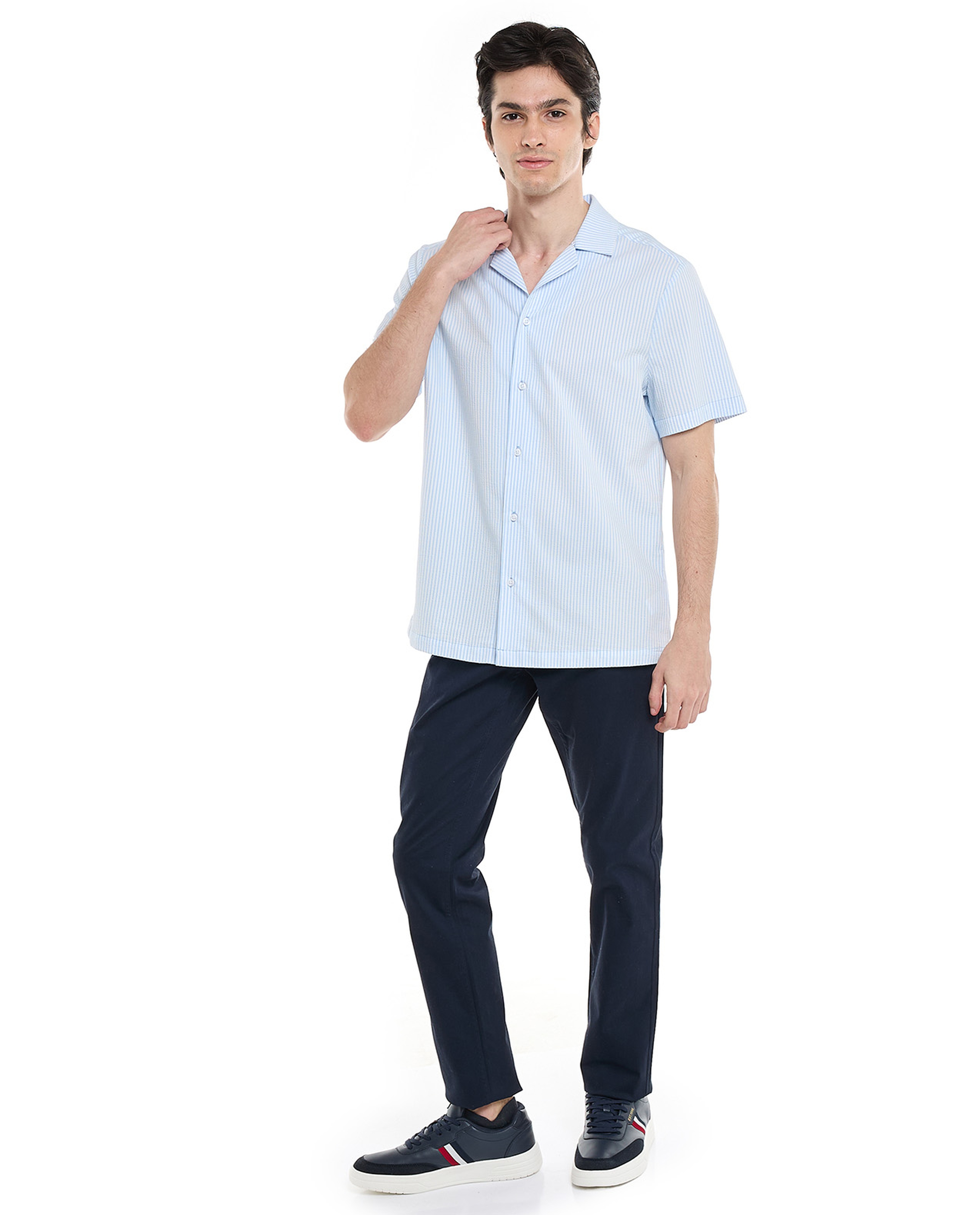 Striped Shirt with Revere Collar and Short Sleeves