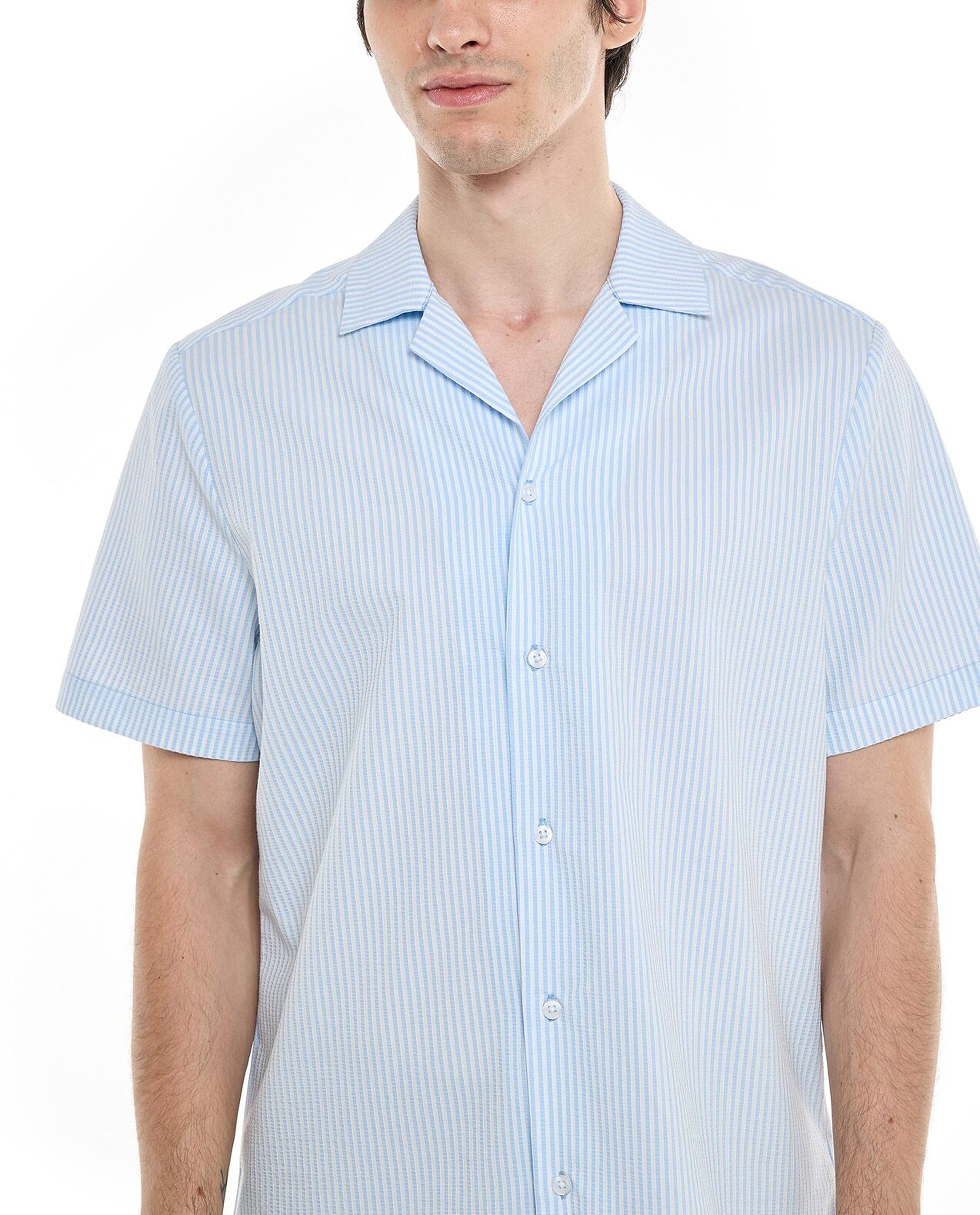 Striped Shirt with Revere Collar and Short Sleeves