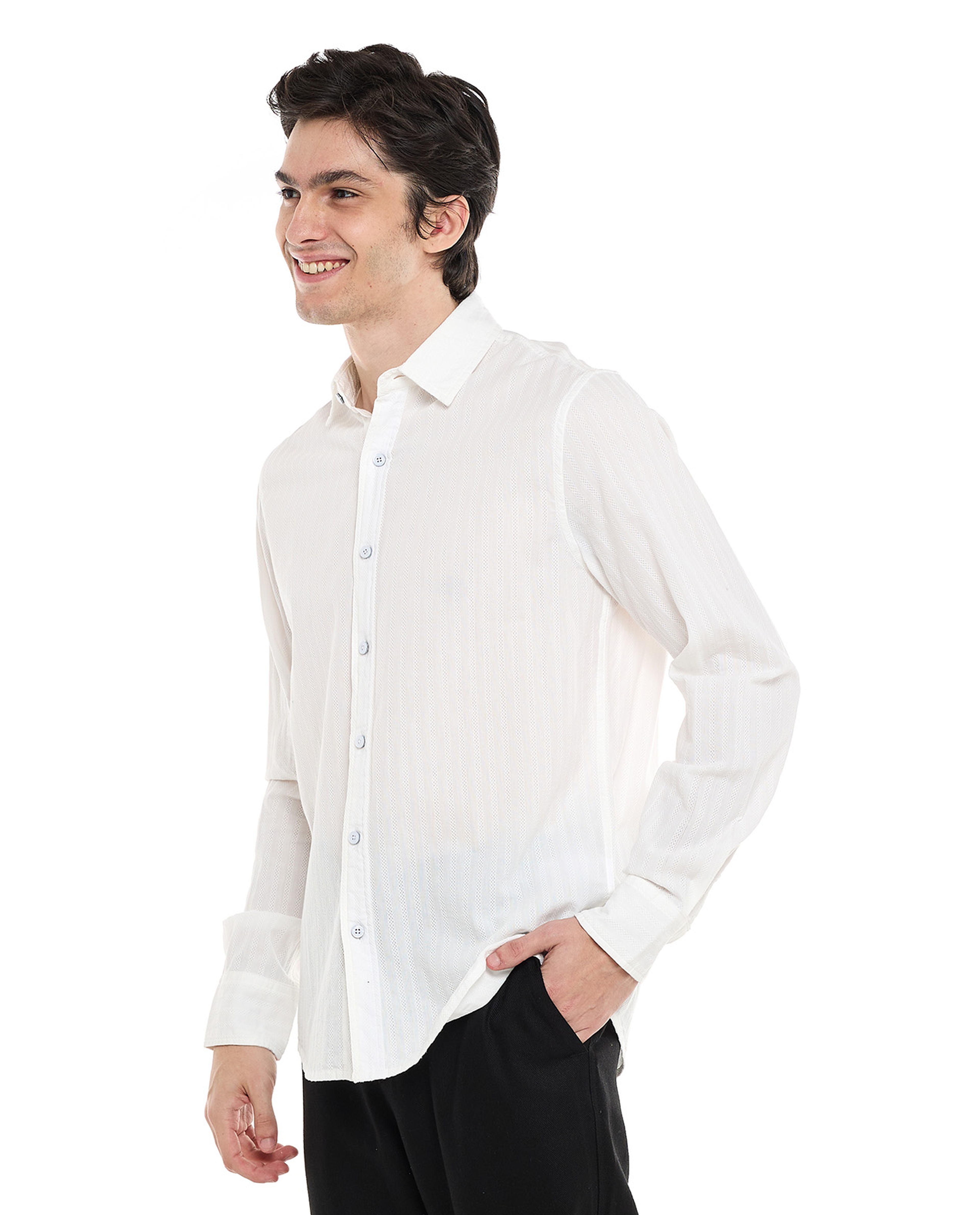 Textured Shirt with Classic Collar and Long Sleeves
