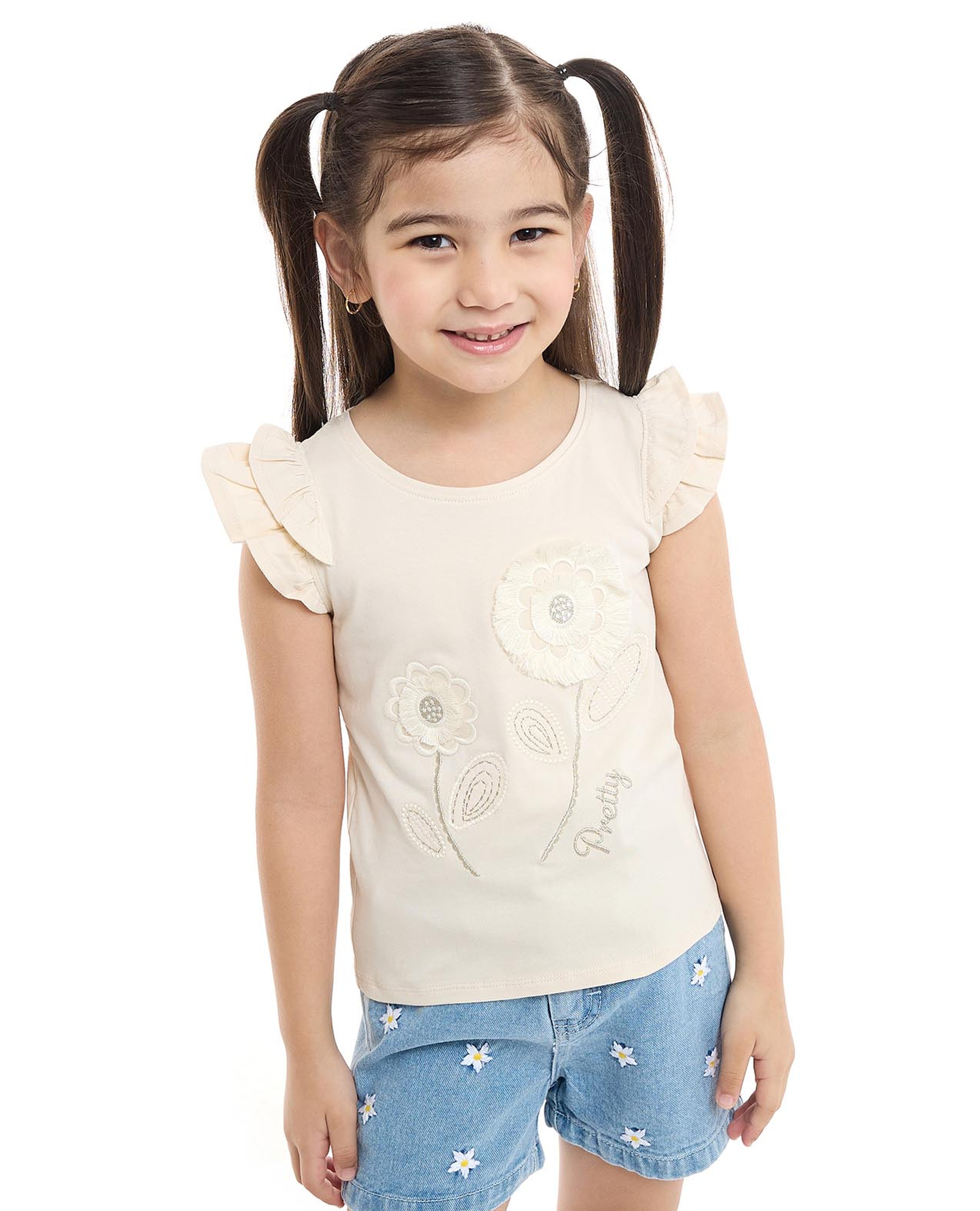Appliqued T-Shirt with Crew Neck and Flutter Sleeves