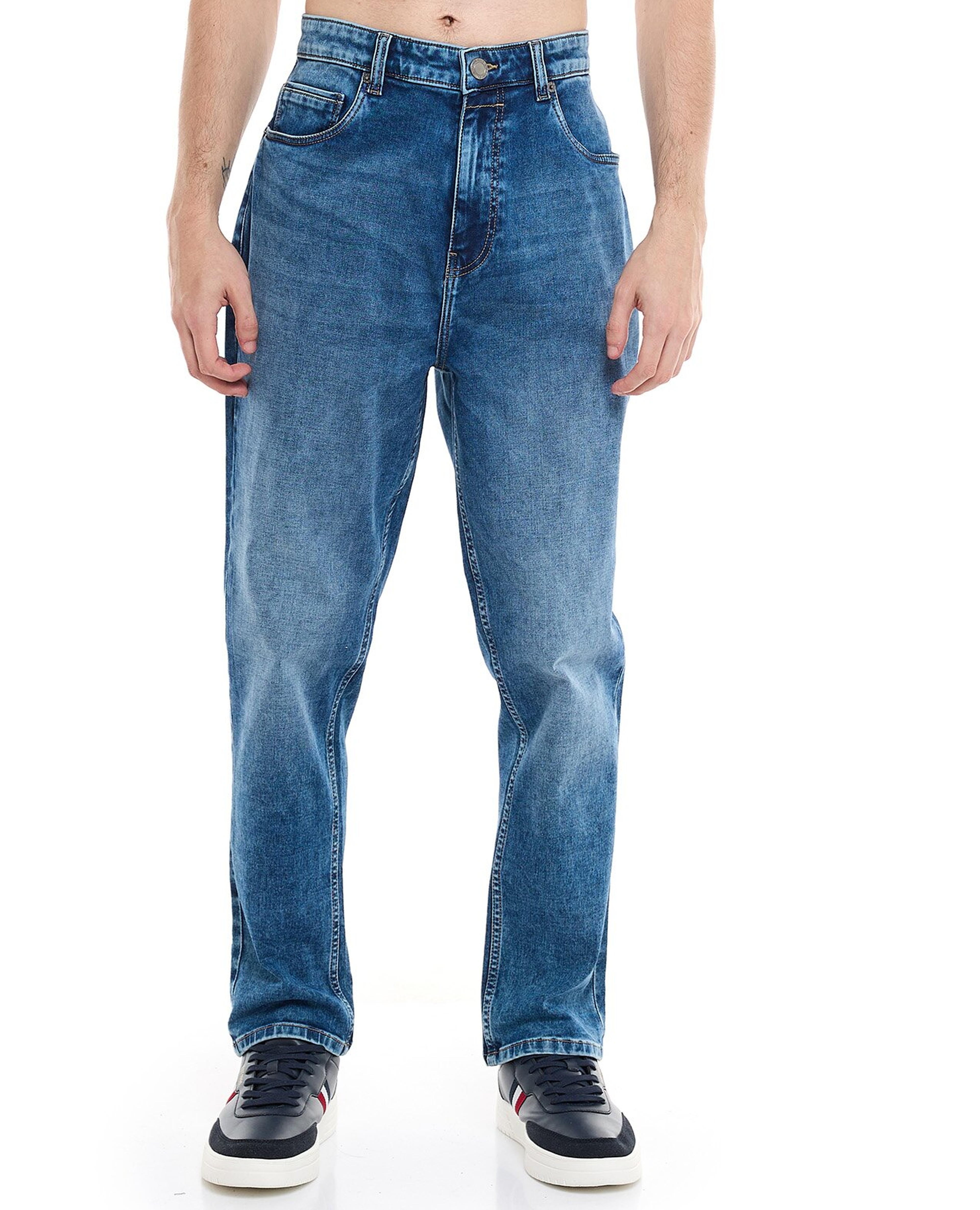 Faded Tapered Fit Jeans with Button Closure