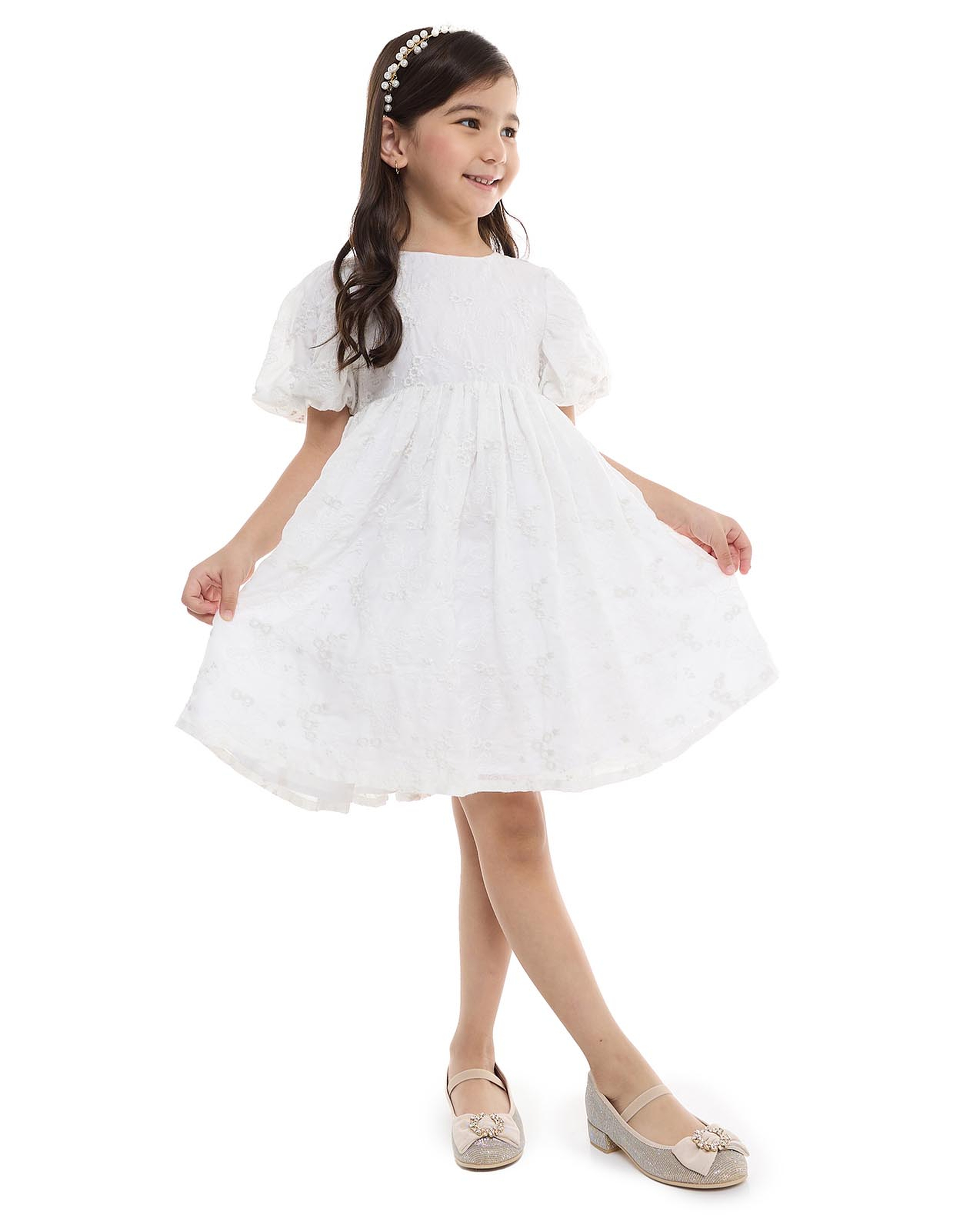 Embroidered Fit and Flare Dress with Crew Neck and Balloon Sleeves