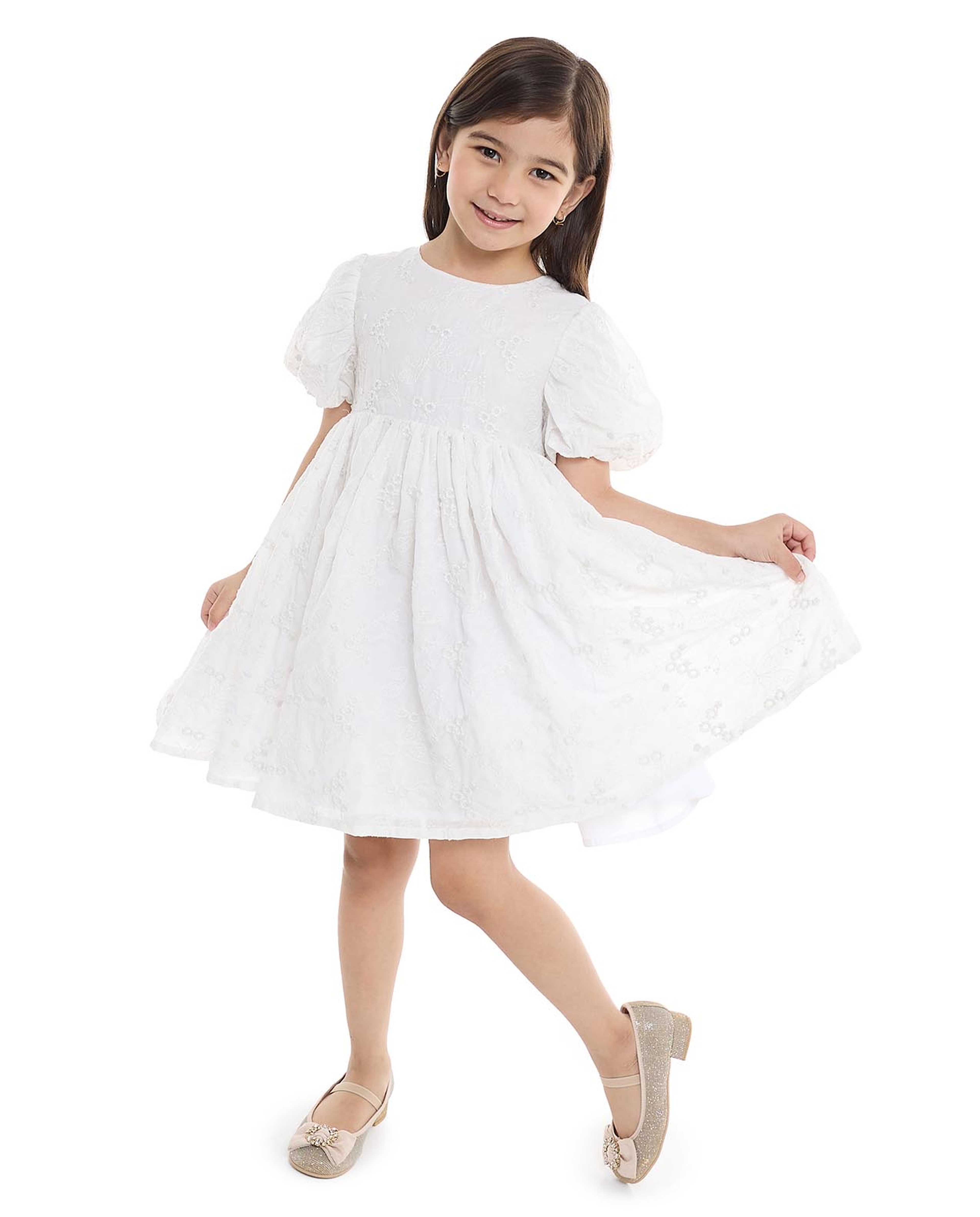 Embroidered Fit and Flare Dress with Crew Neck and Balloon Sleeves