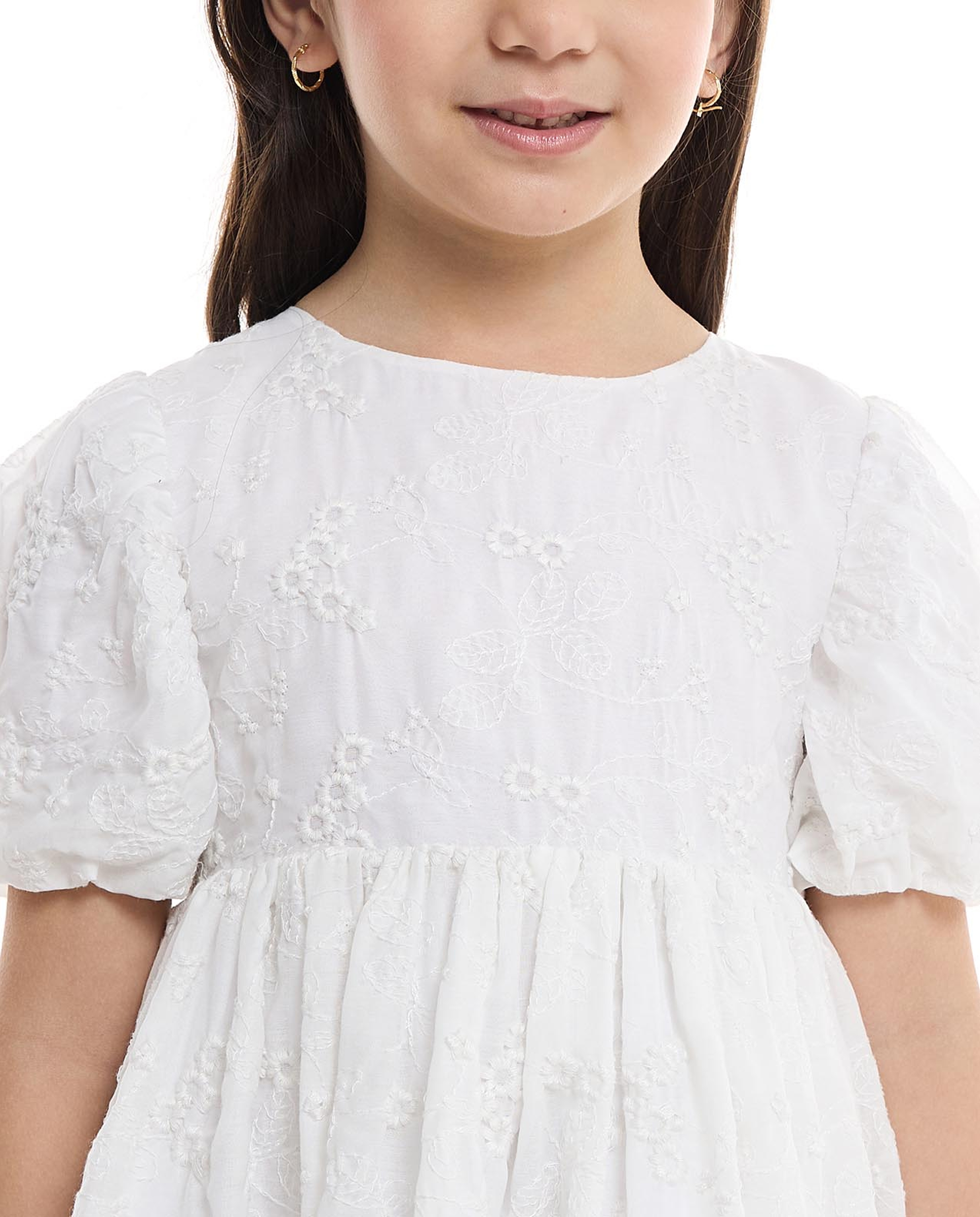 Embroidered Fit and Flare Dress with Crew Neck and Balloon Sleeves