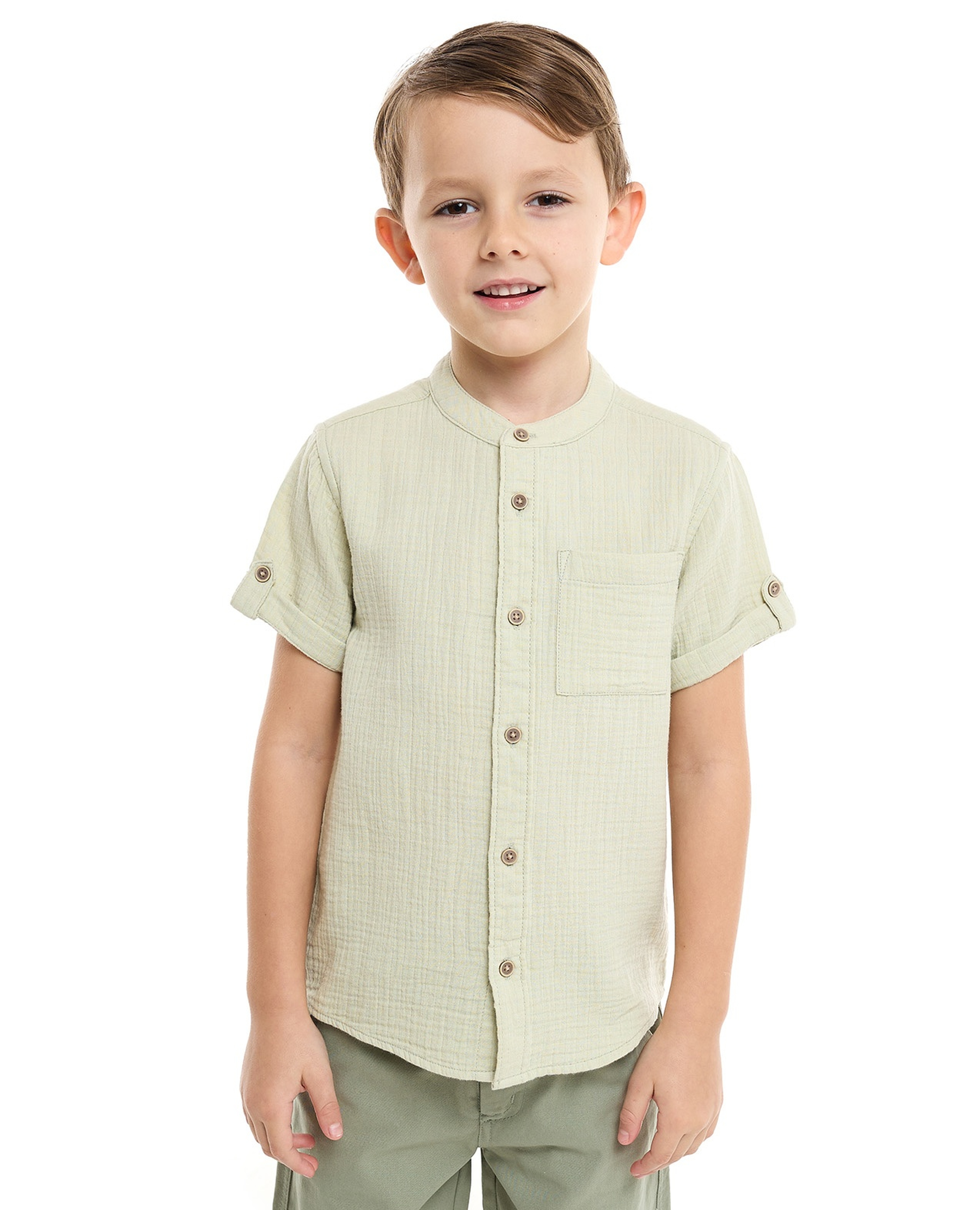 Textured Shirt with Mandarin Collar and Short Sleeves