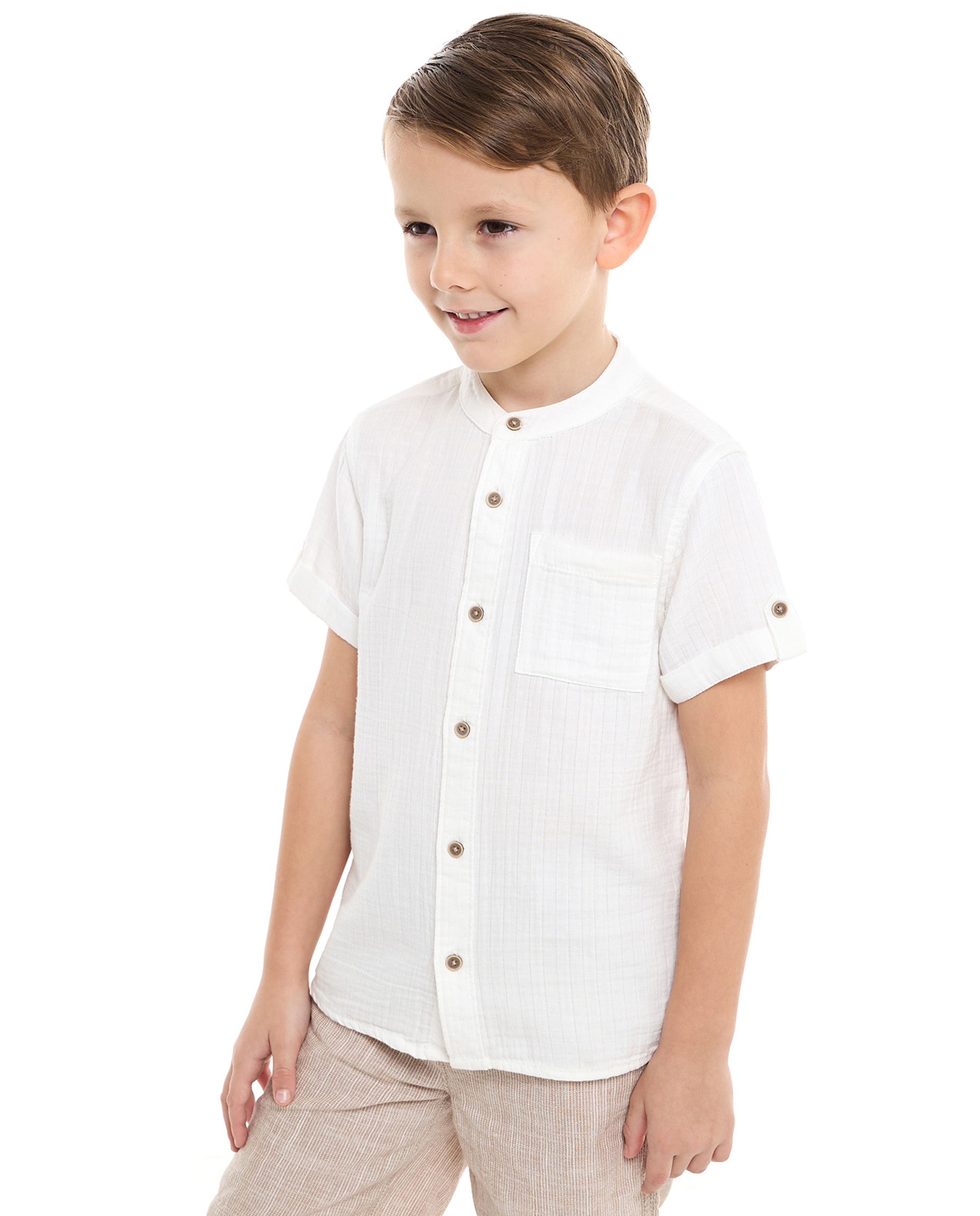 Textured Shirt with Mandarin Collar and Short Sleeves