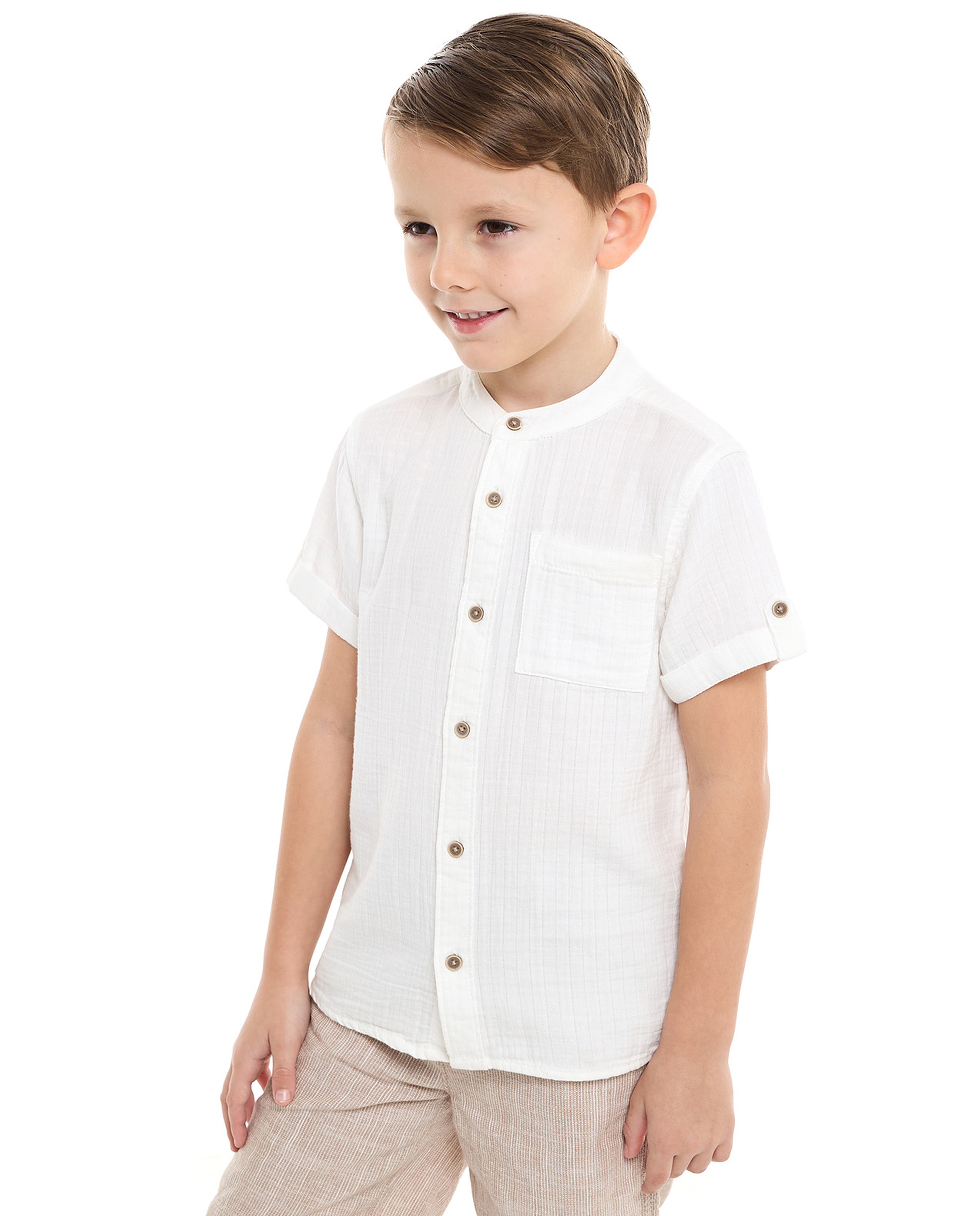 Textured Shirt with Mandarin Collar and Short Sleeves