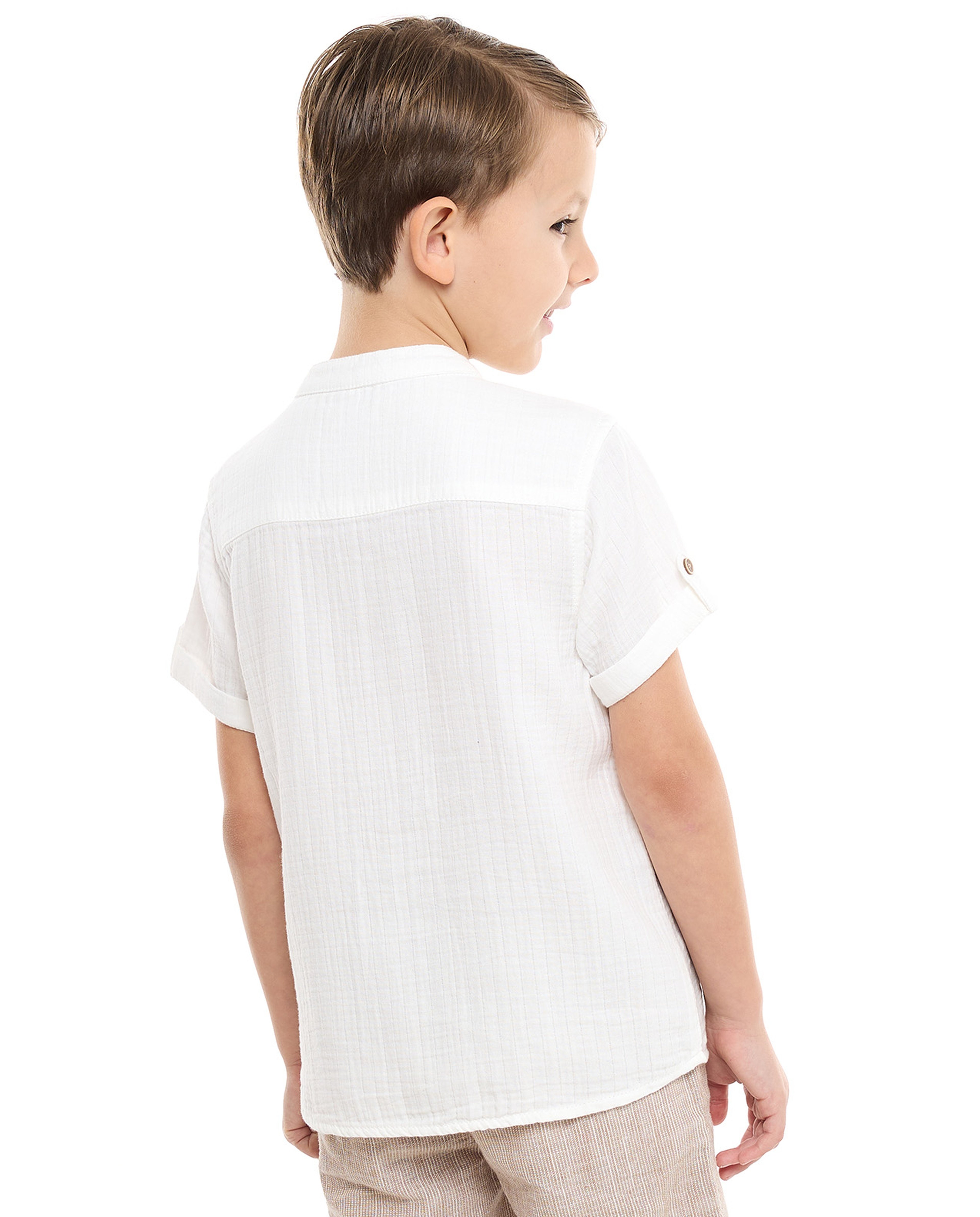 Textured Shirt with Mandarin Collar and Short Sleeves