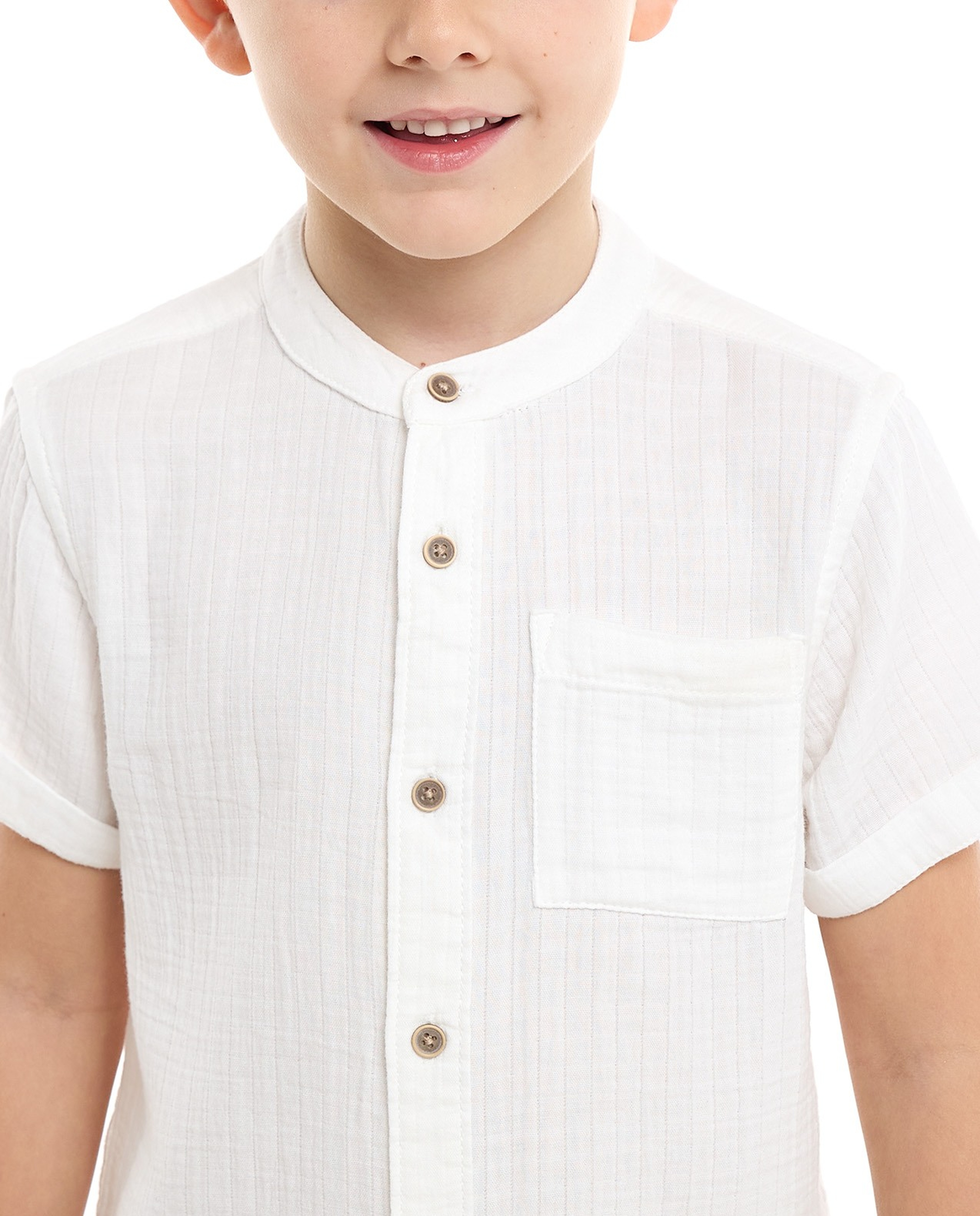 Textured Shirt with Mandarin Collar and Short Sleeves