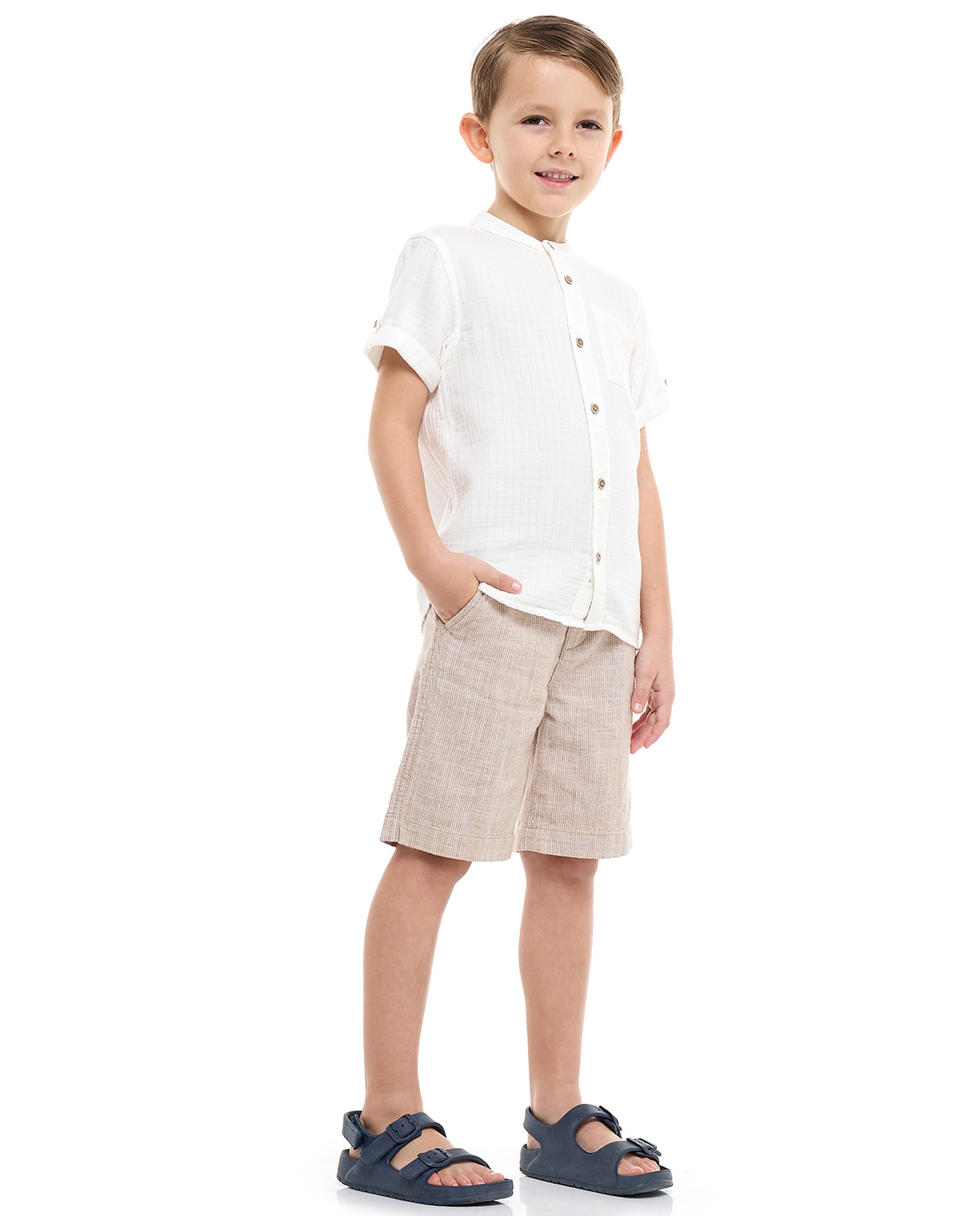 Textured Shirt with Mandarin Collar and Short Sleeves