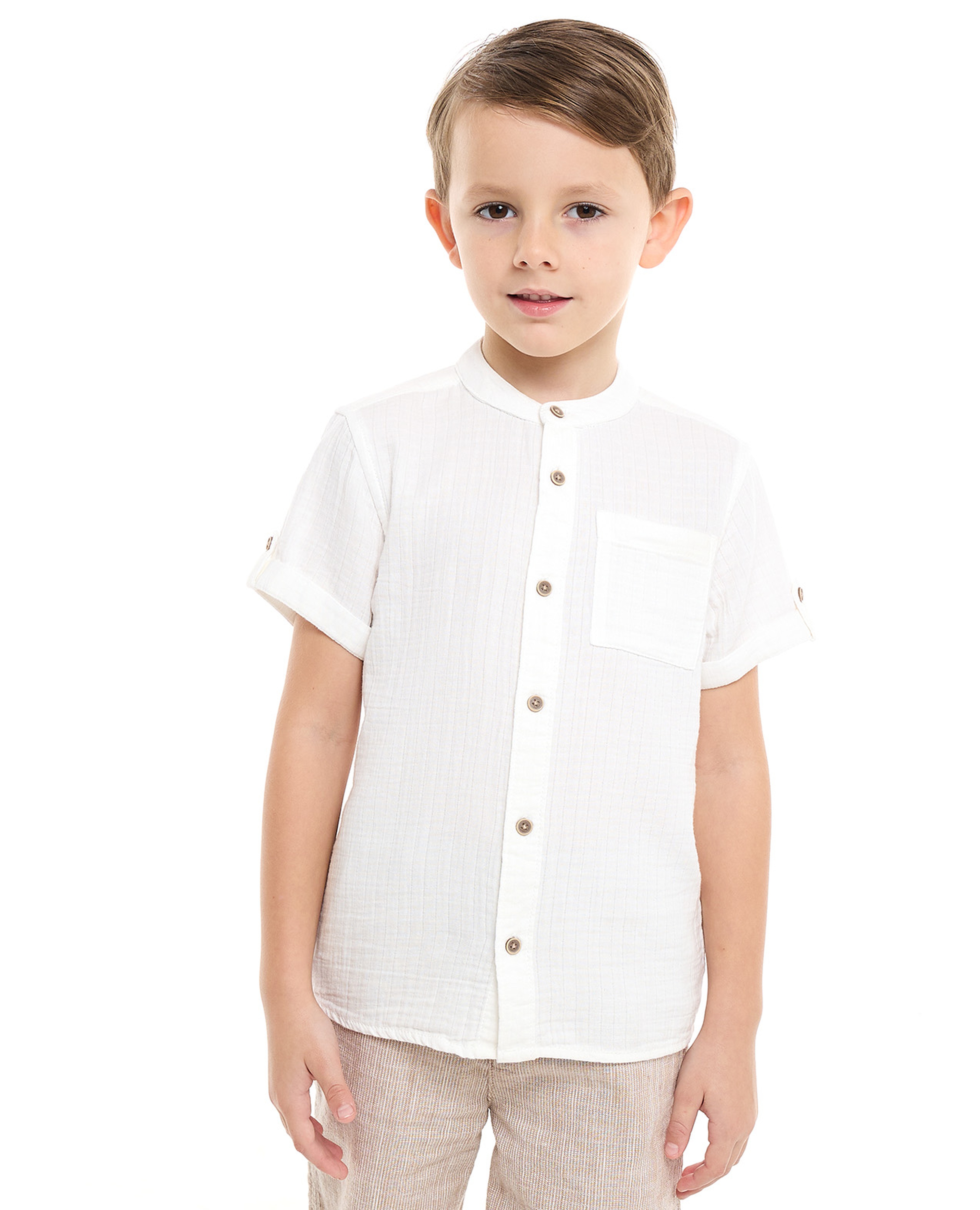 Textured Shirt with Mandarin Collar and Short Sleeves