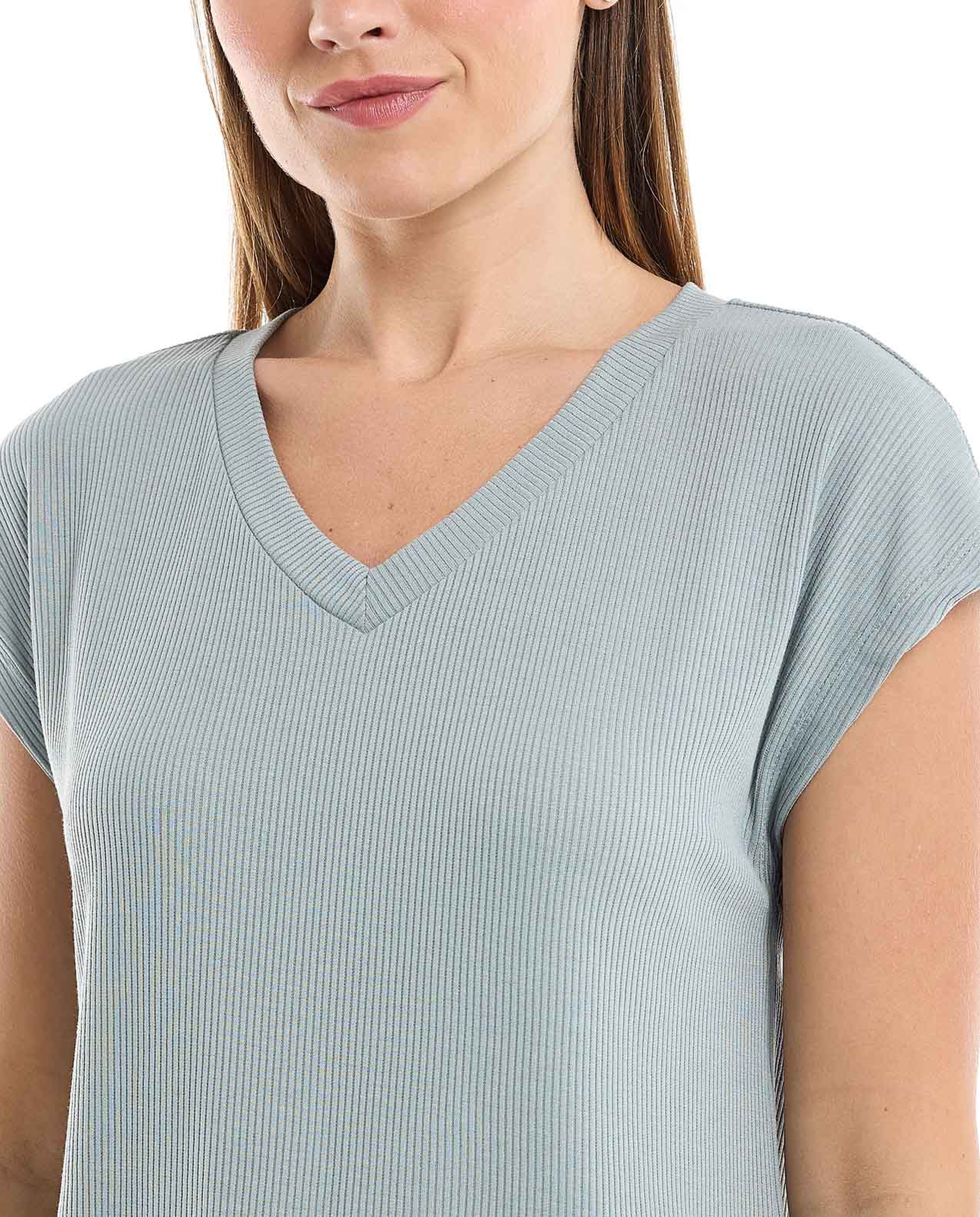 Ribbed Top with V-Neck and Short Sleeves