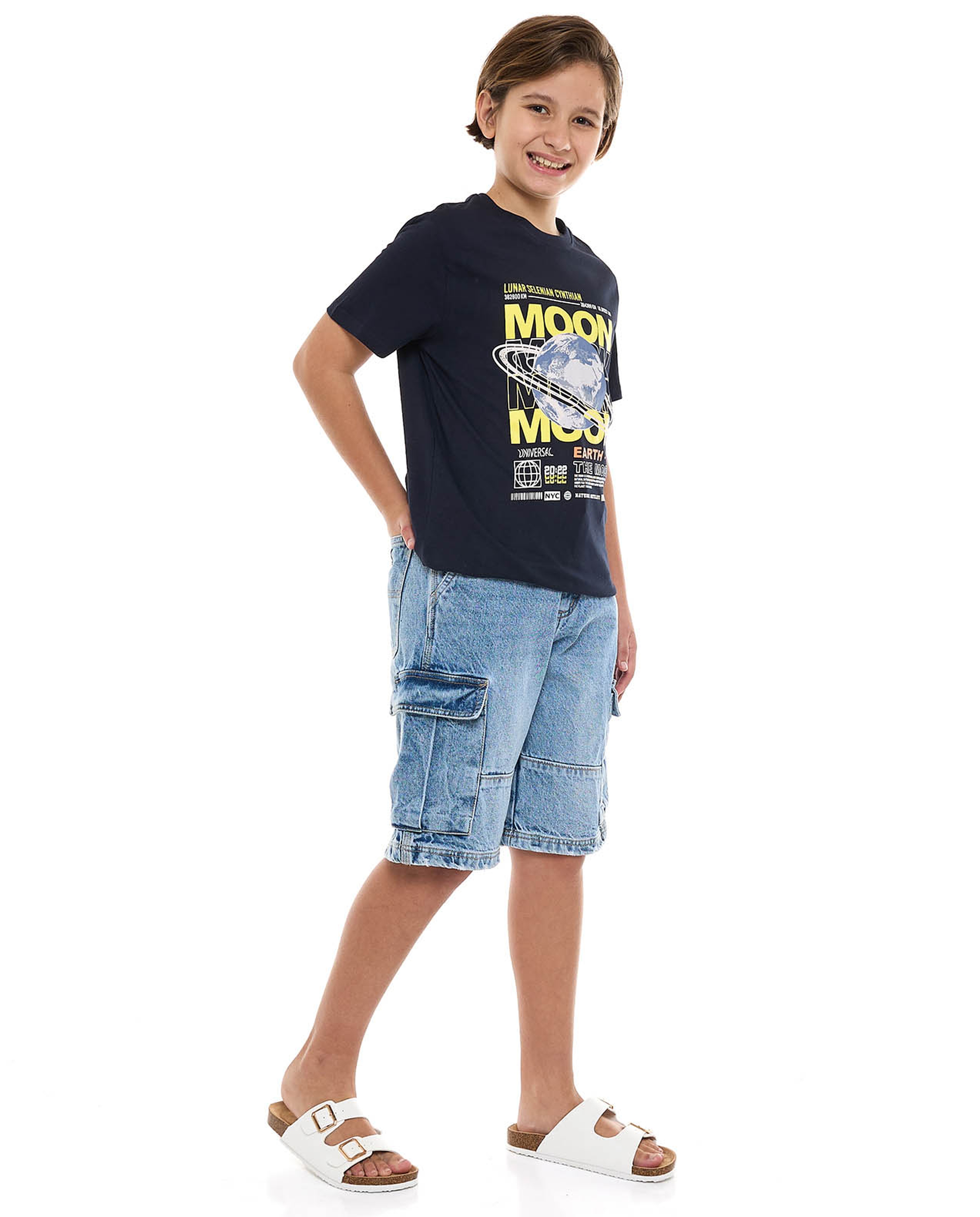 Washed Cargo Denim Shorts with Button Closure