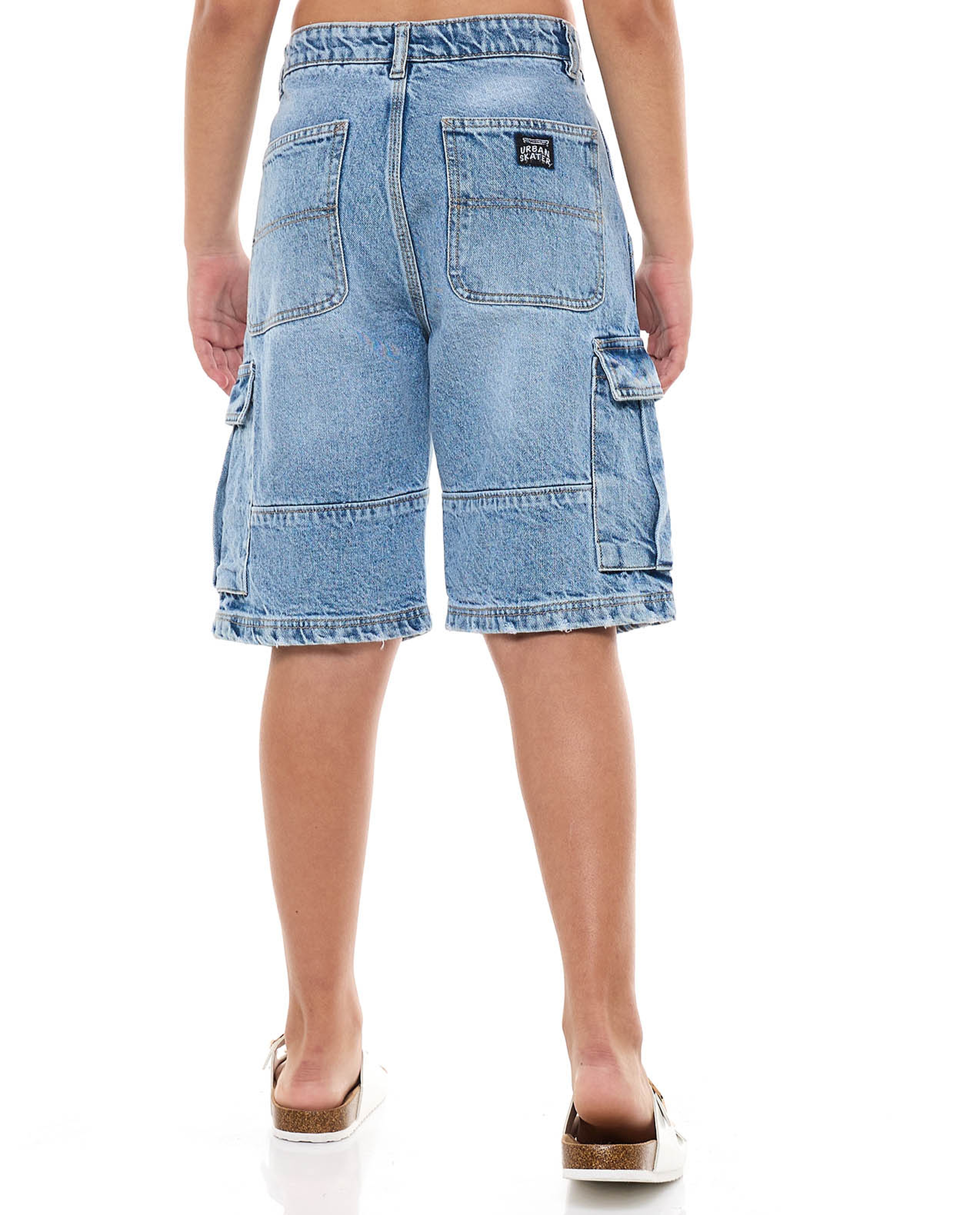 Washed Cargo Denim Shorts with Button Closure