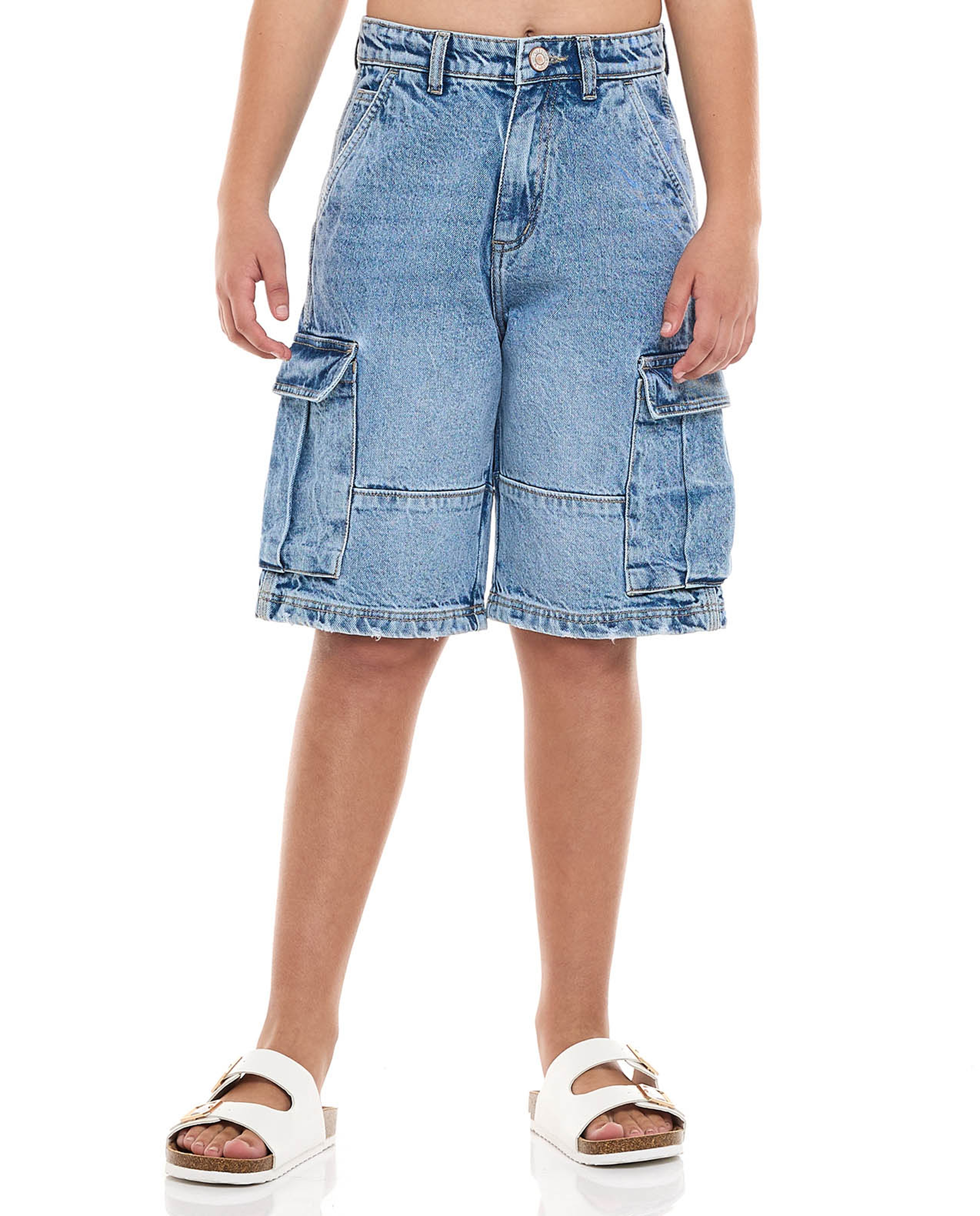 Washed Cargo Denim Shorts with Button Closure