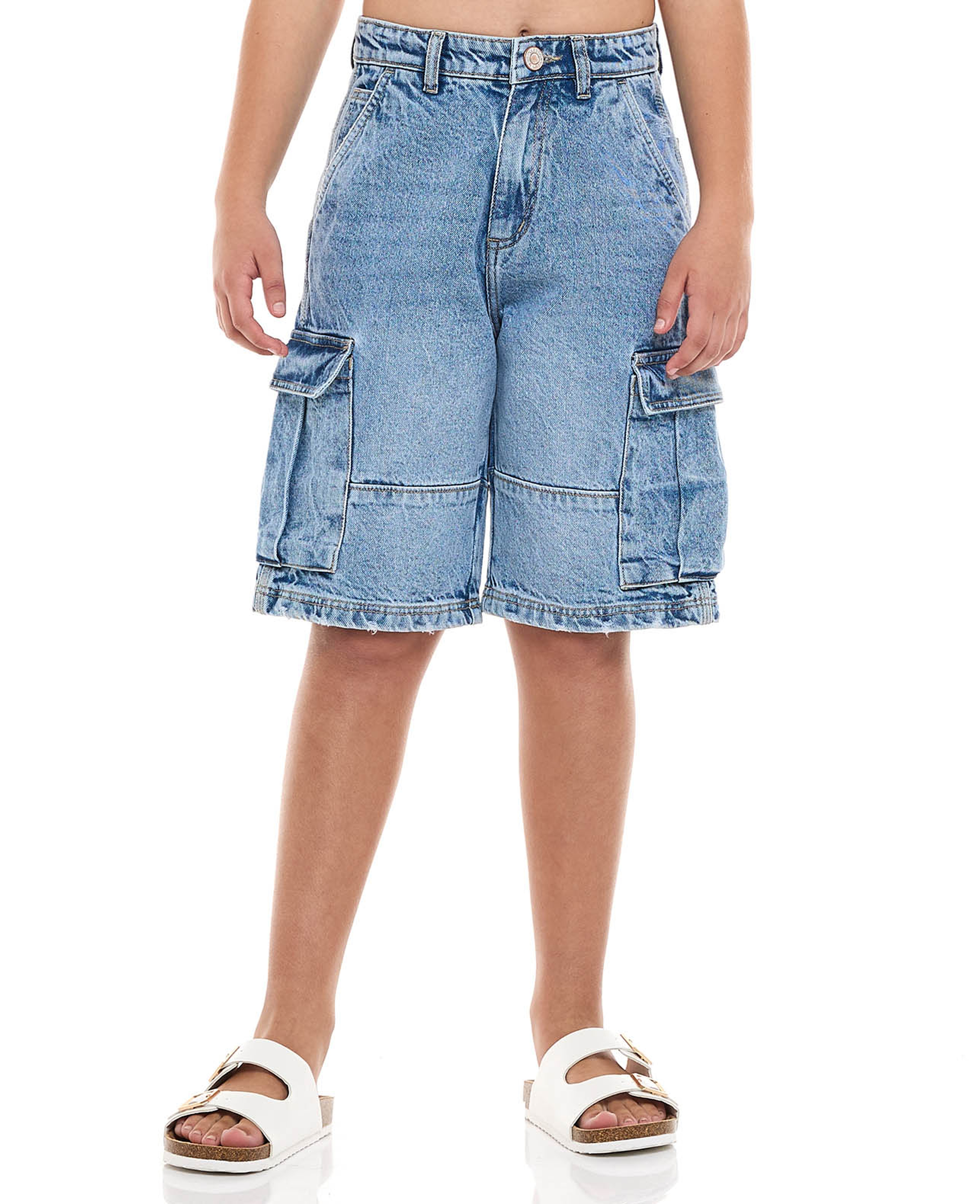 Washed Cargo Denim Shorts with Button Closure