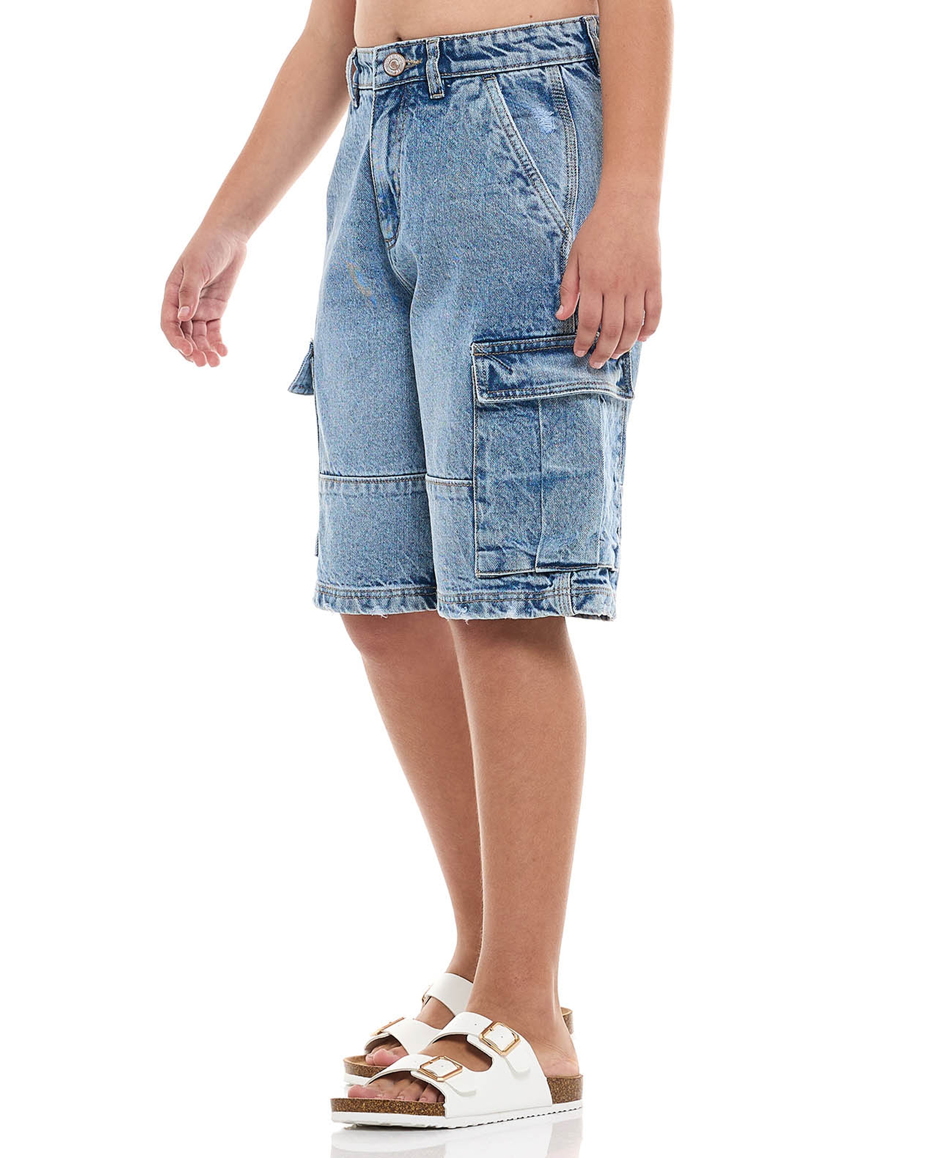 Washed Cargo Denim Shorts with Button Closure