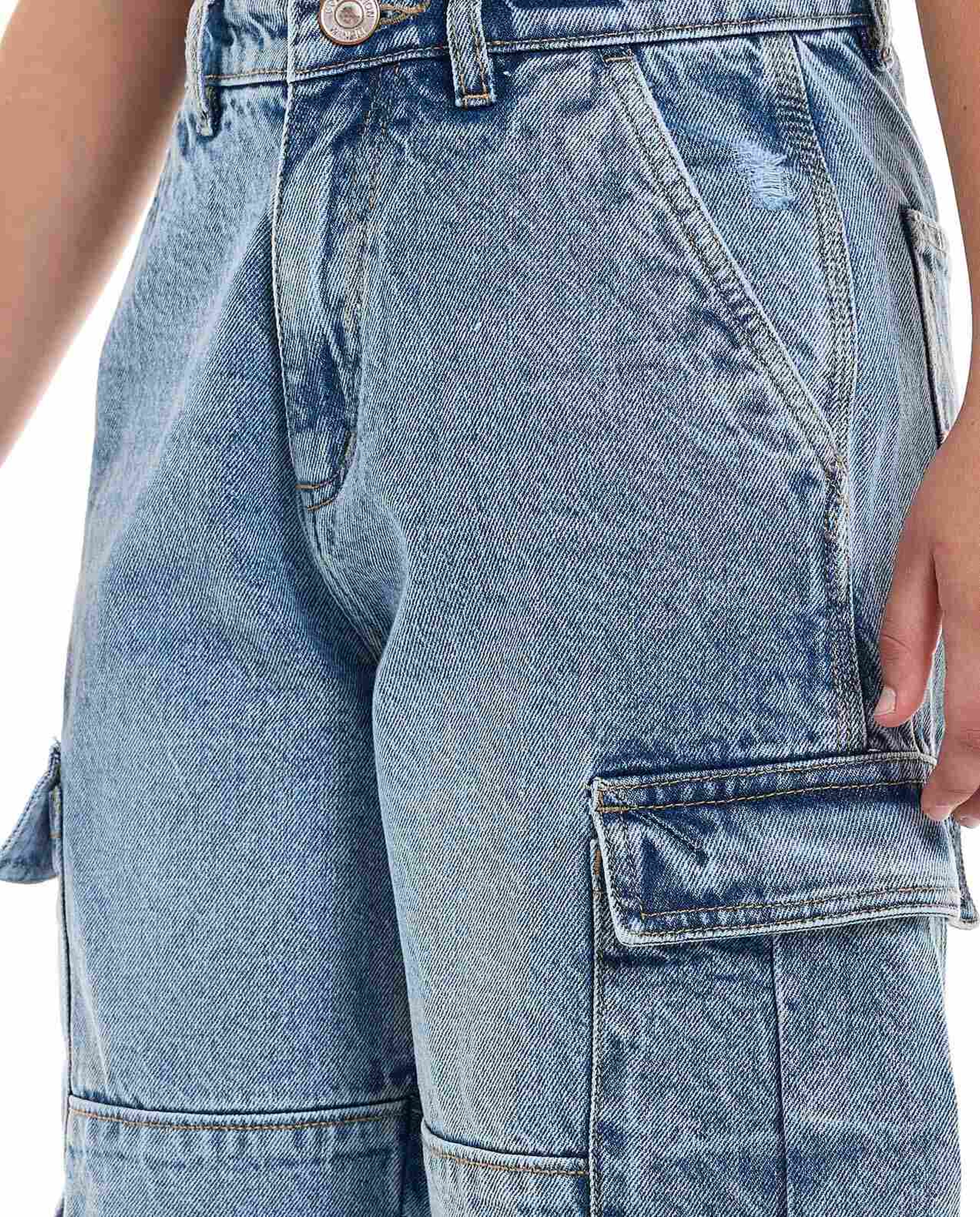 Washed Cargo Denim Shorts with Button Closure