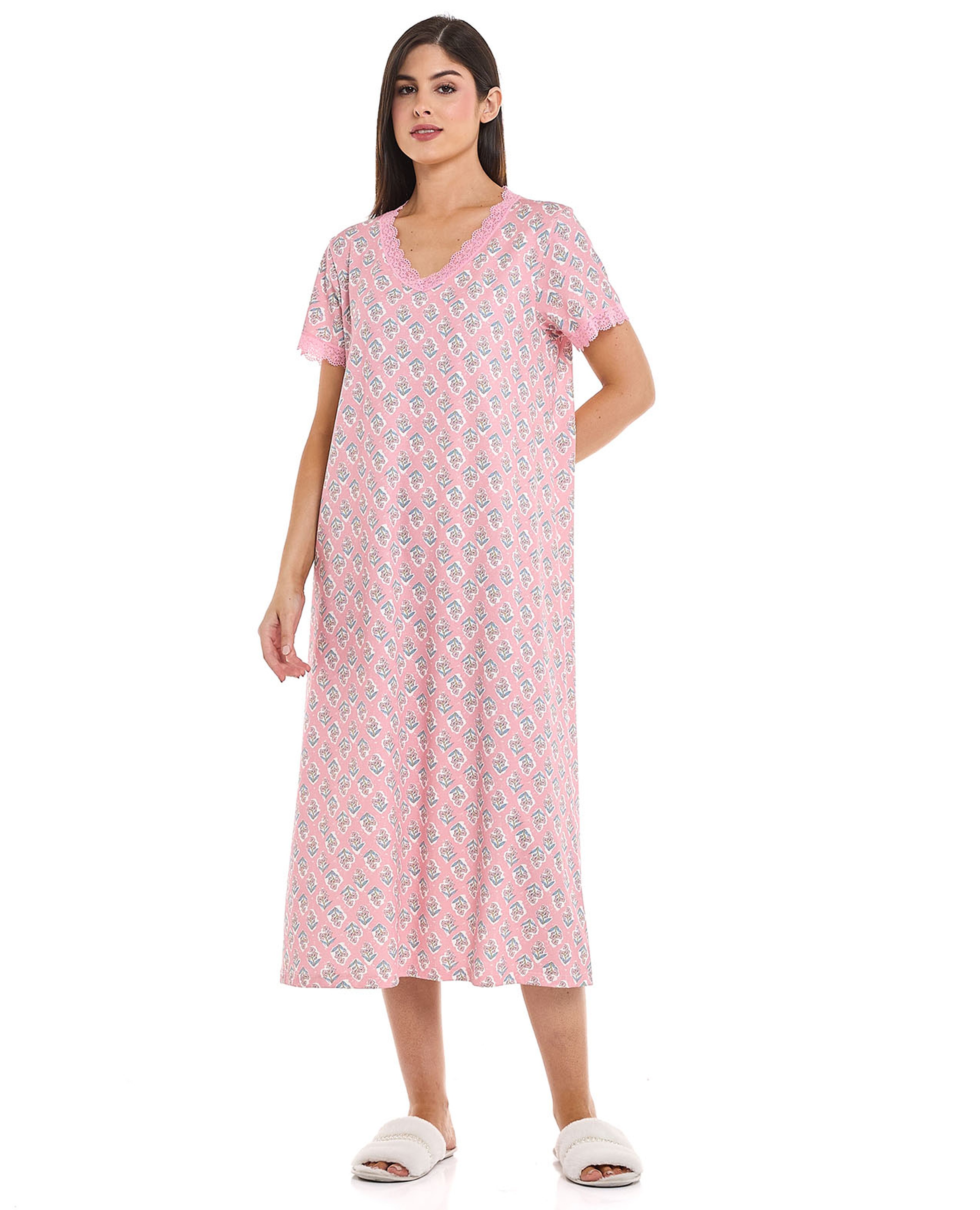 Printed Nightdress with Short Sleeves