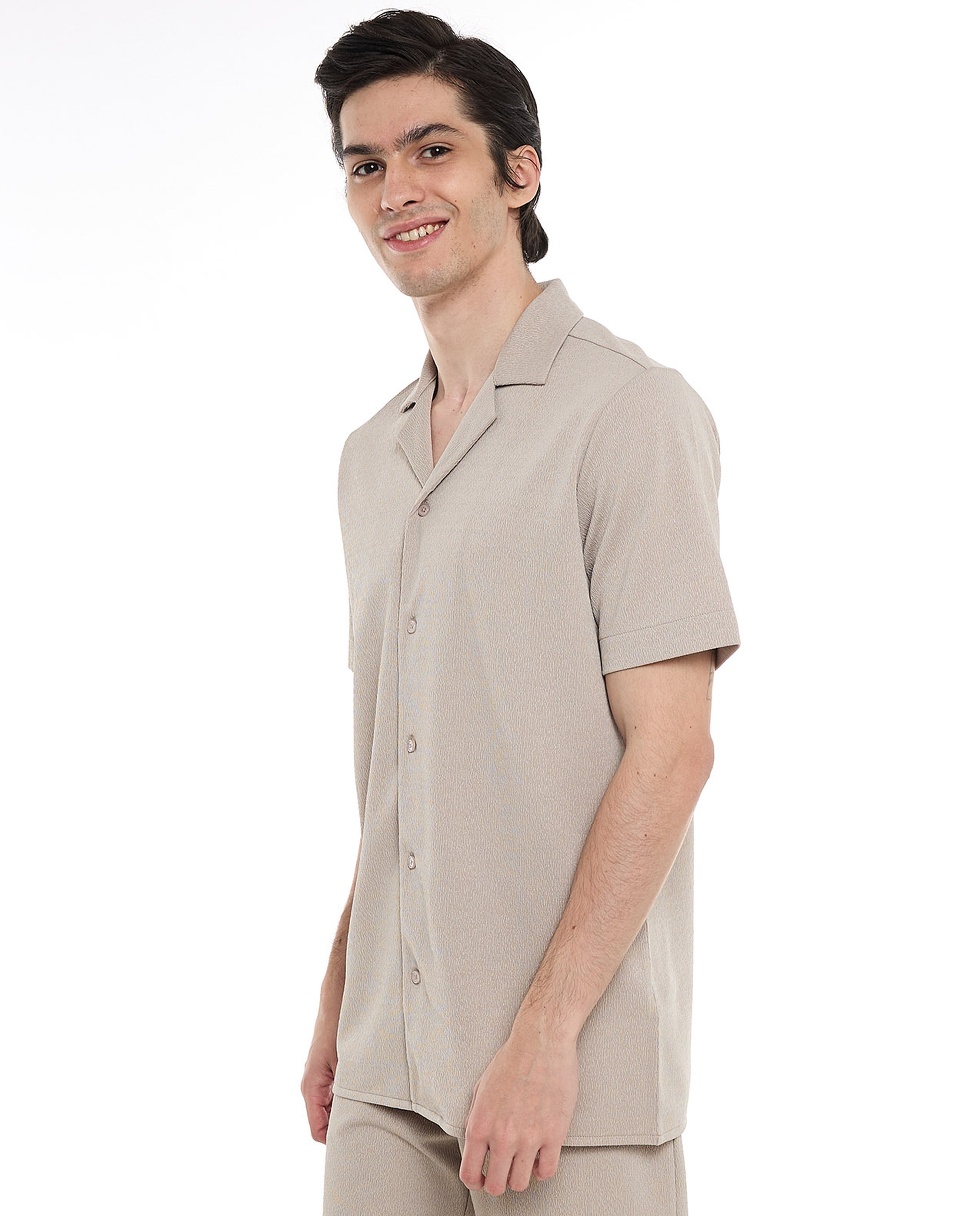 Textured Shirt with Revere Collar and Short Sleeves
