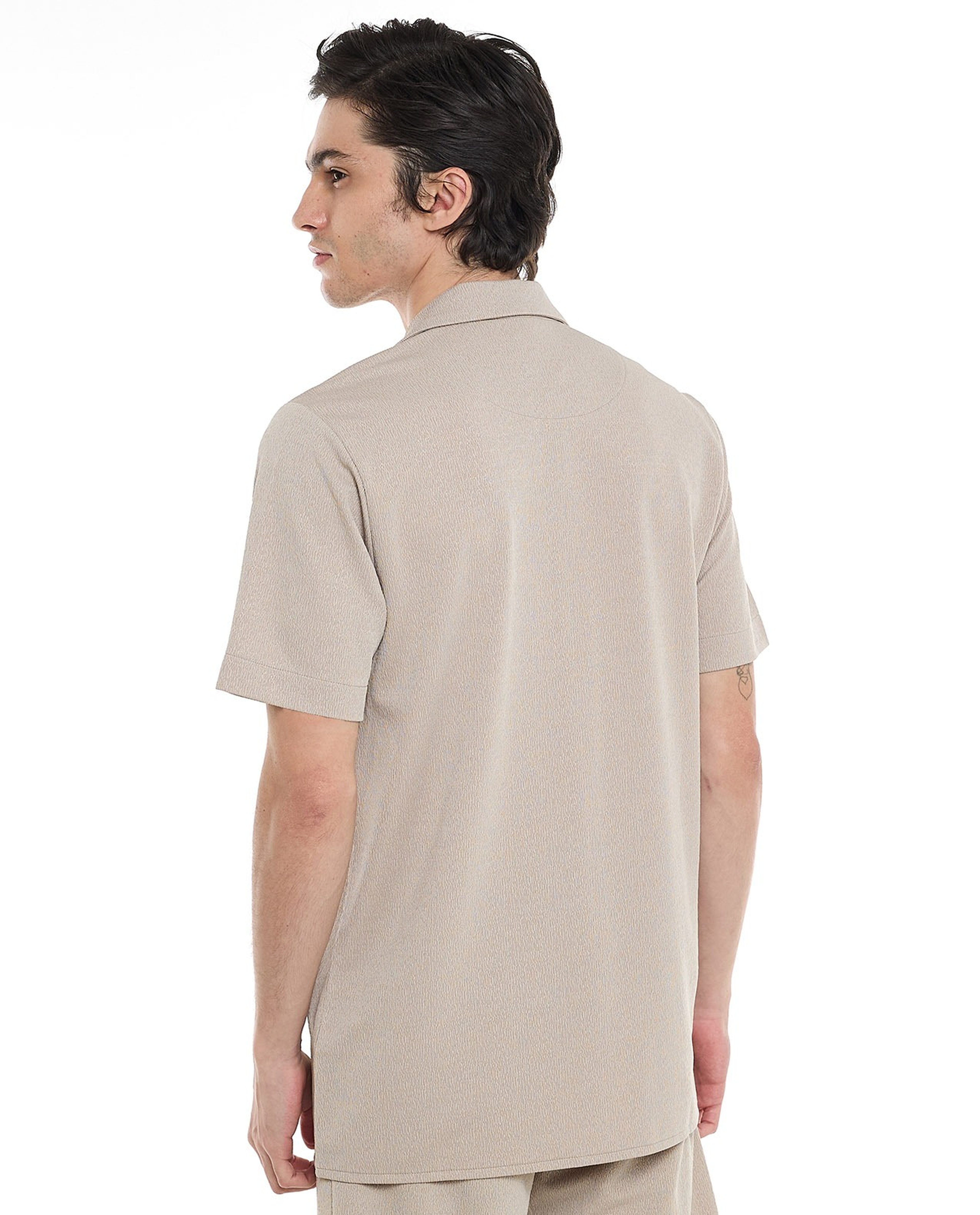 Textured Shirt with Revere Collar and Short Sleeves