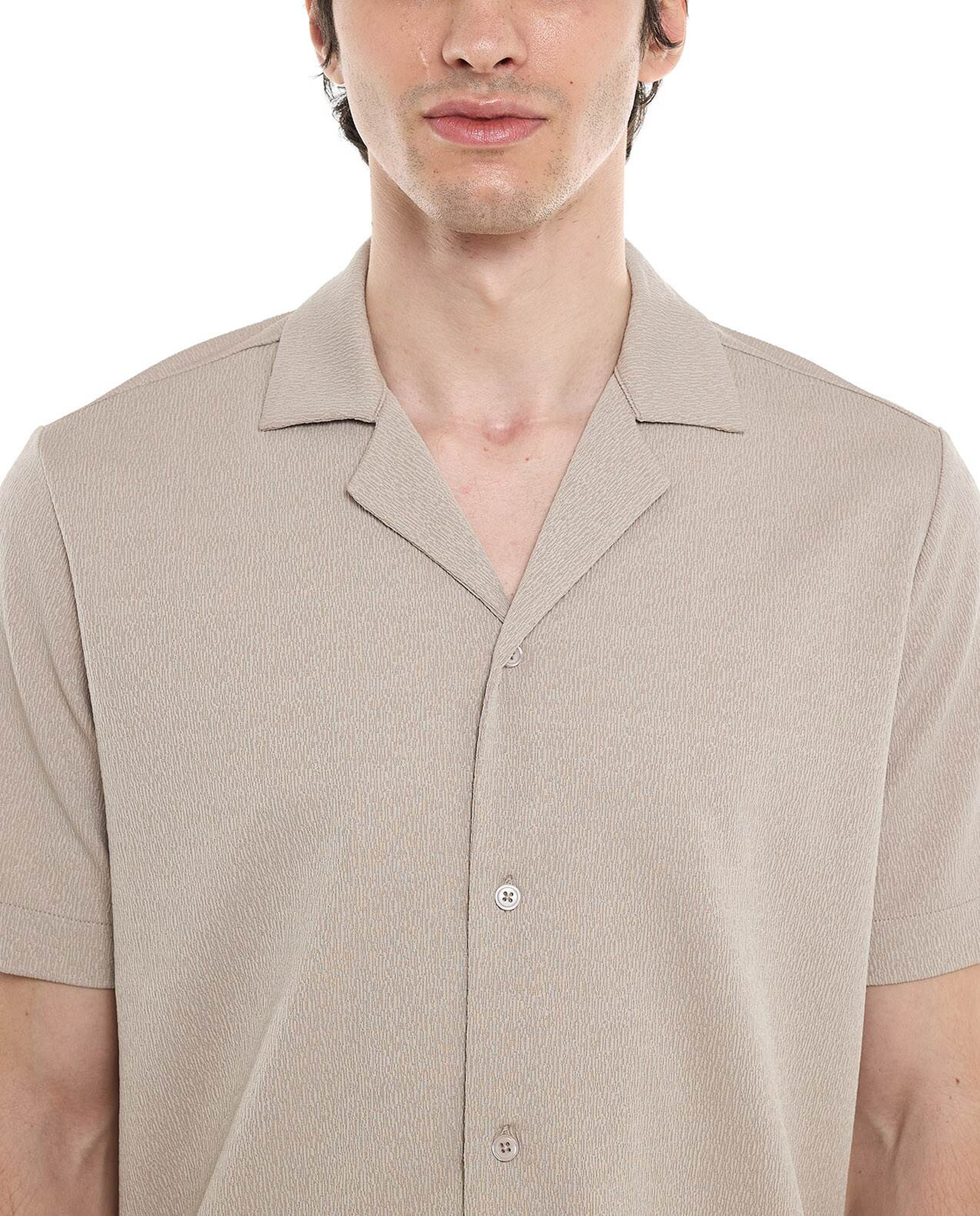Textured Shirt with Revere Collar and Short Sleeves