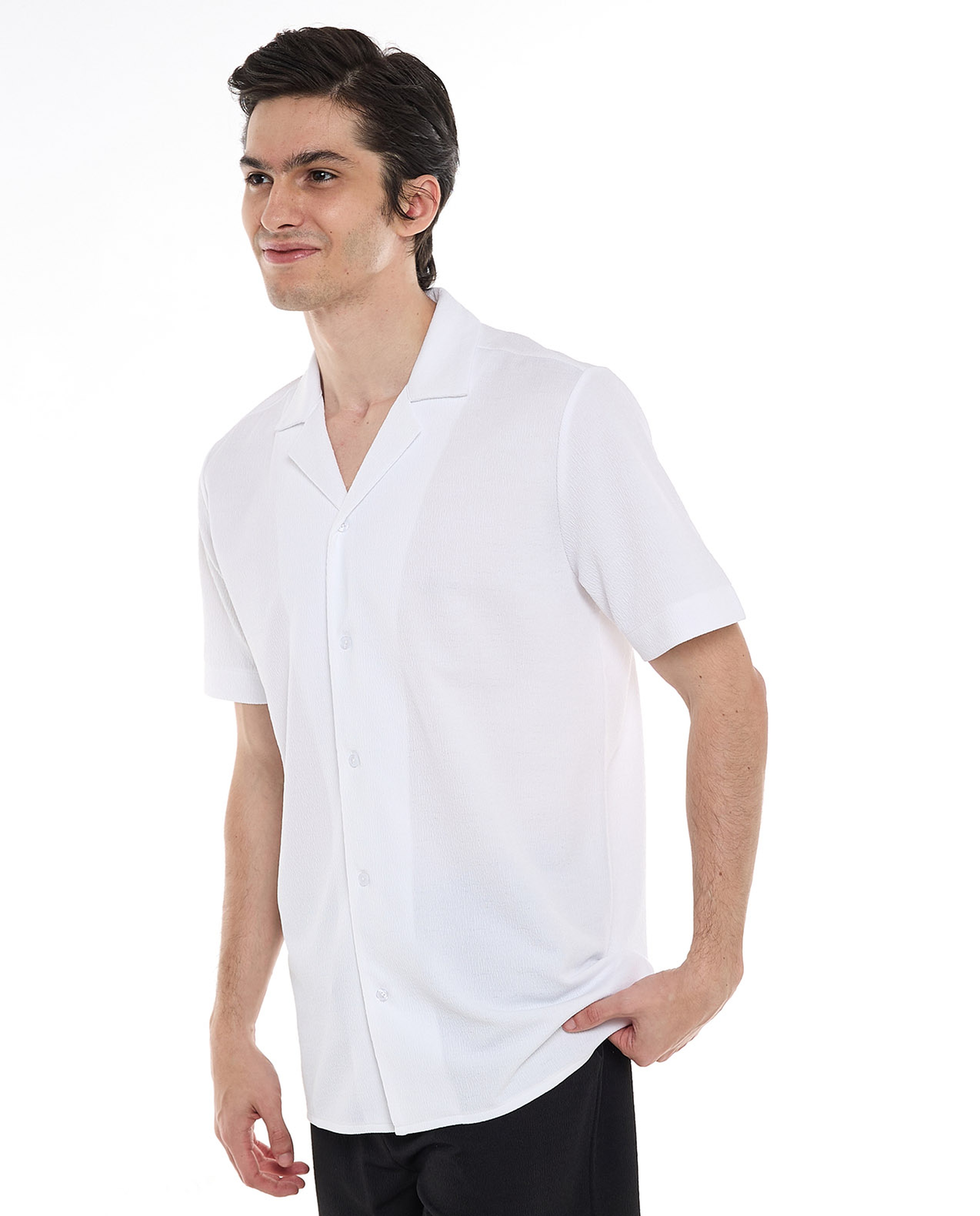 Textured Shirt with Revere Collar and Short Sleeves