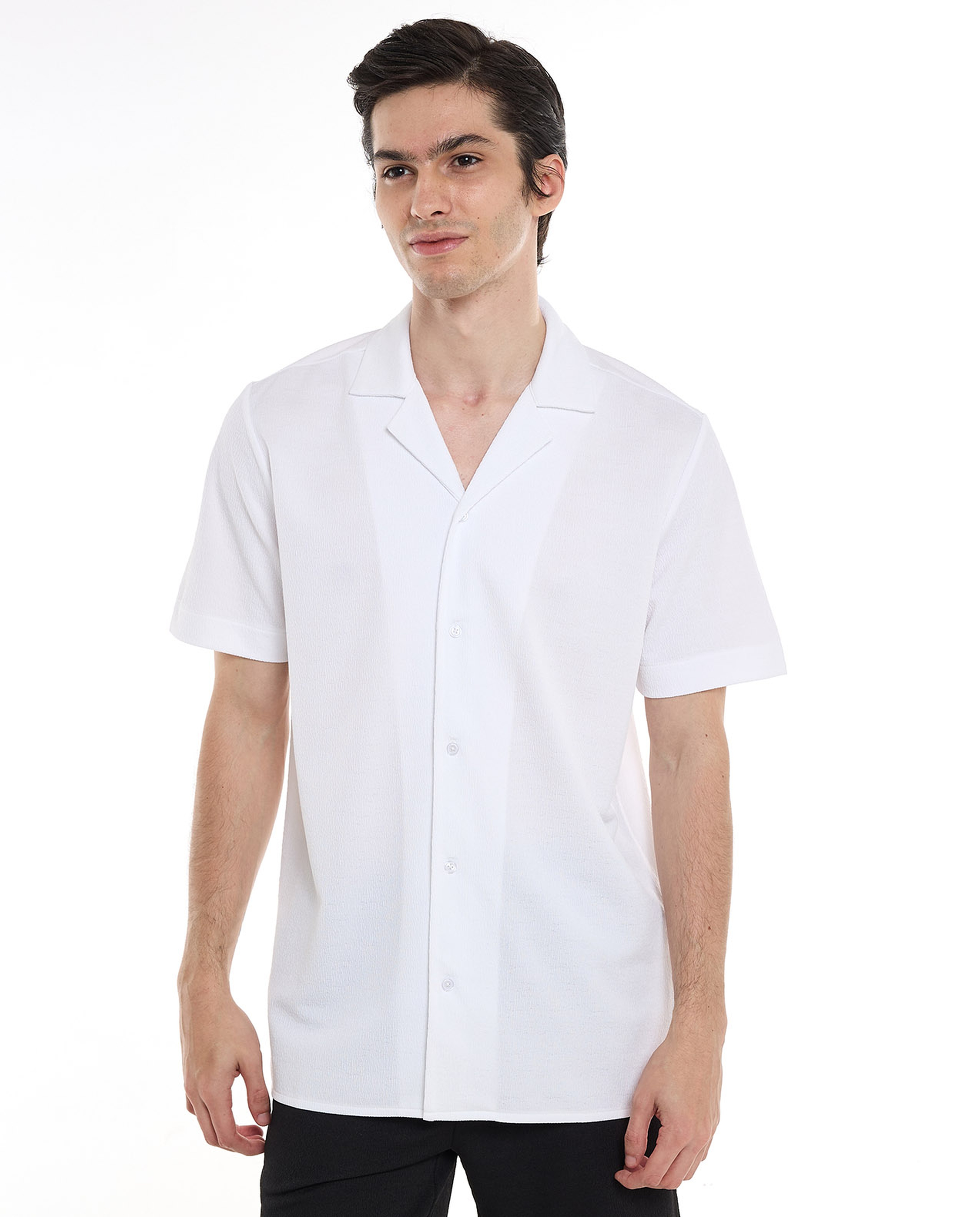 Textured Shirt with Revere Collar and Short Sleeves