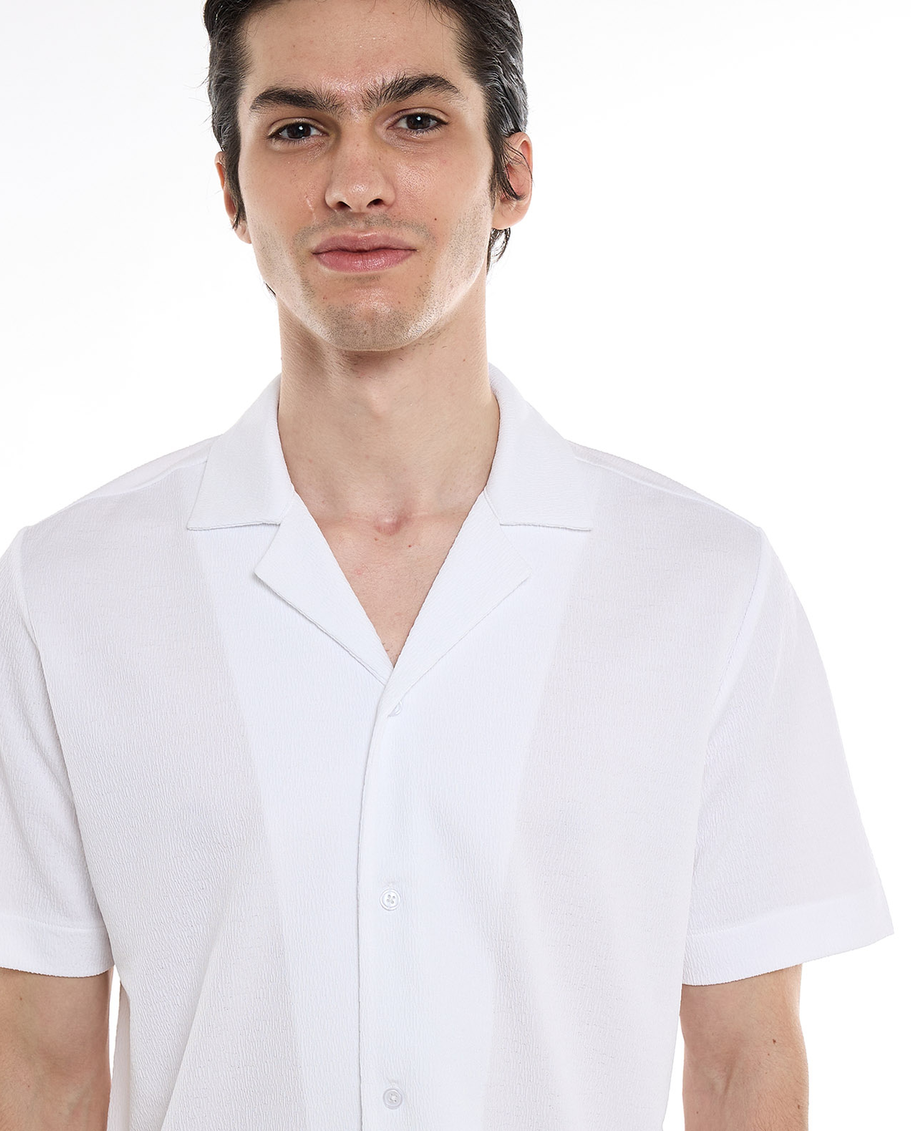 Textured Shirt with Revere Collar and Short Sleeves