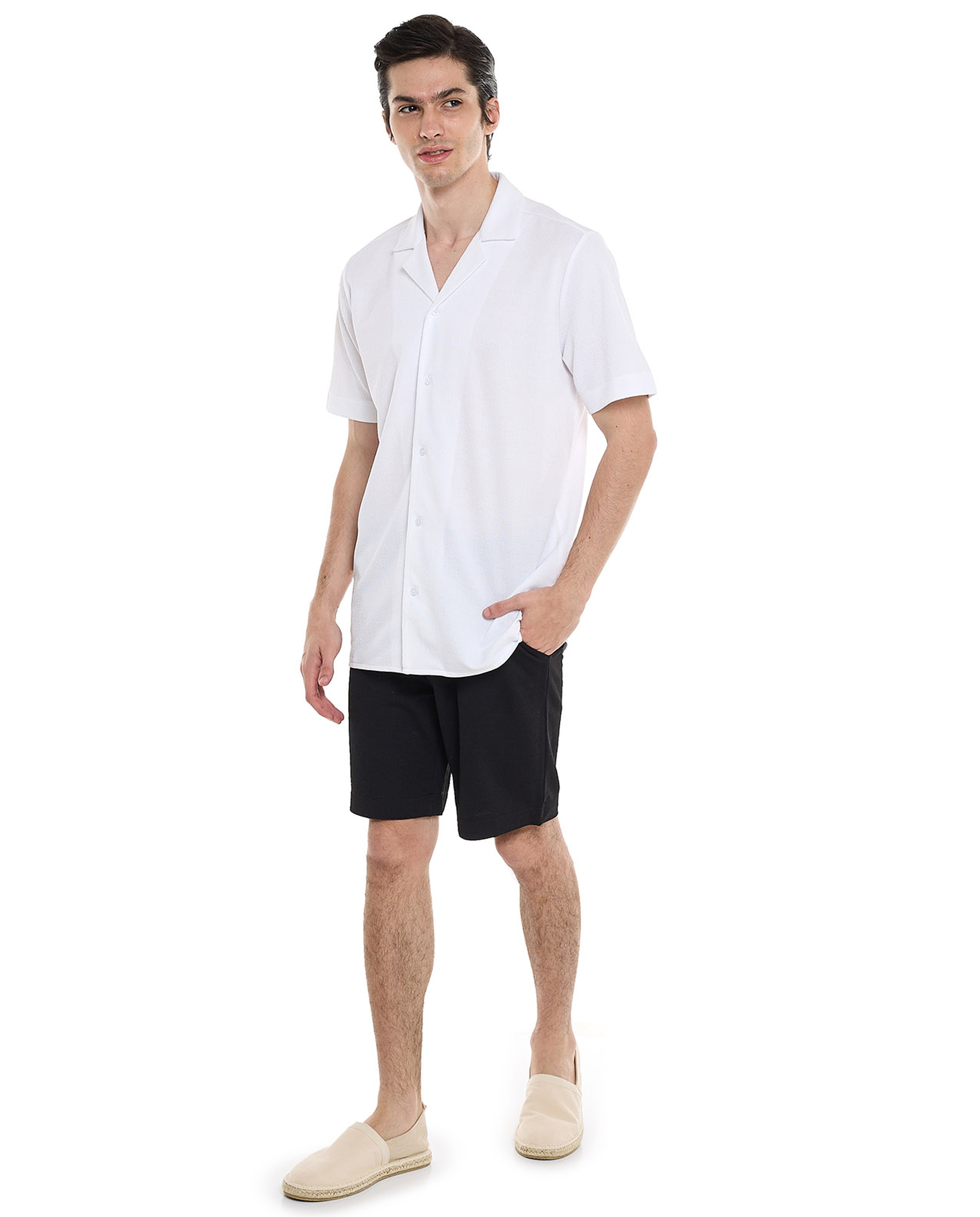 Textured Shirt with Revere Collar and Short Sleeves