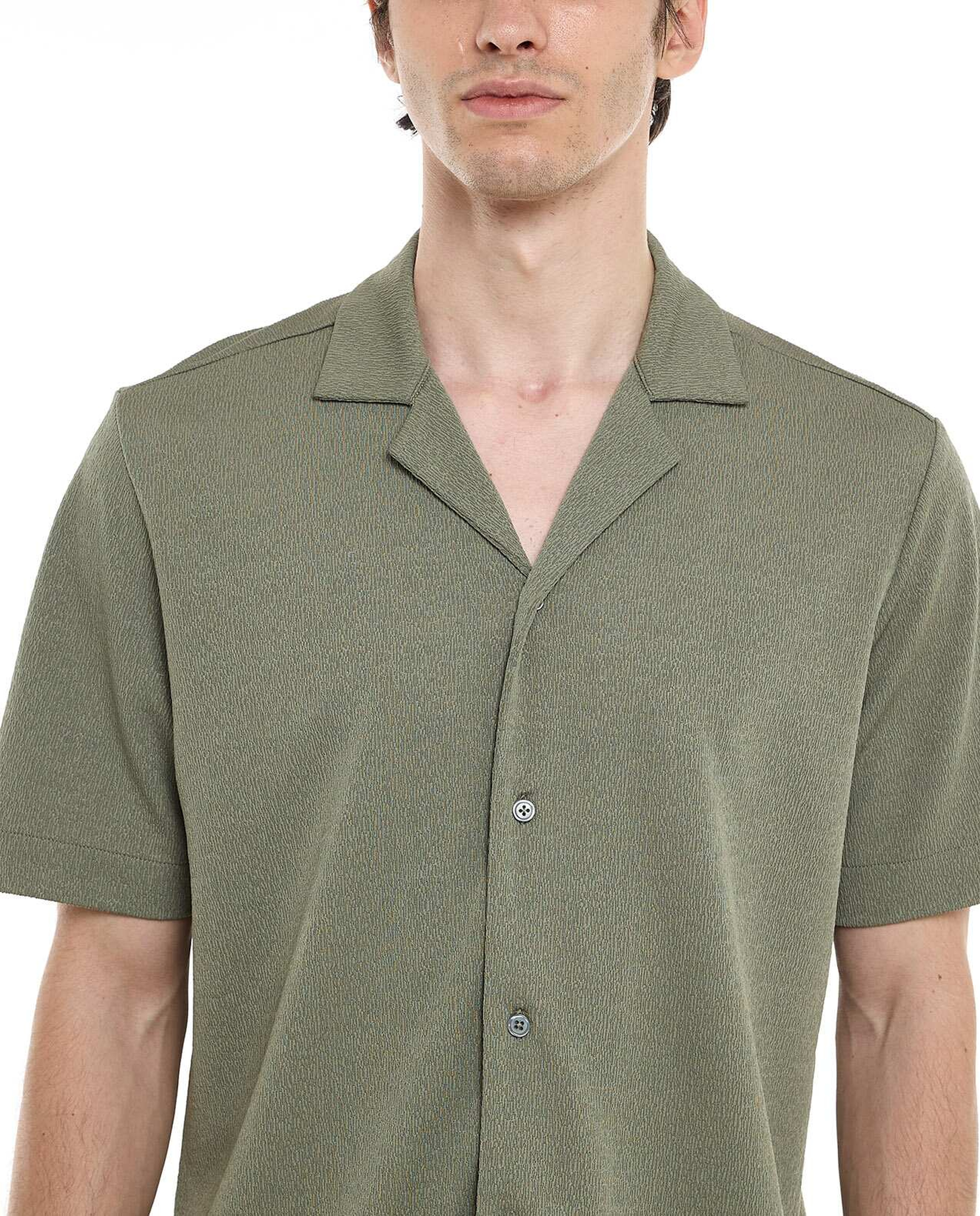 Textured Shirt with Revere Collar and Short Sleeves