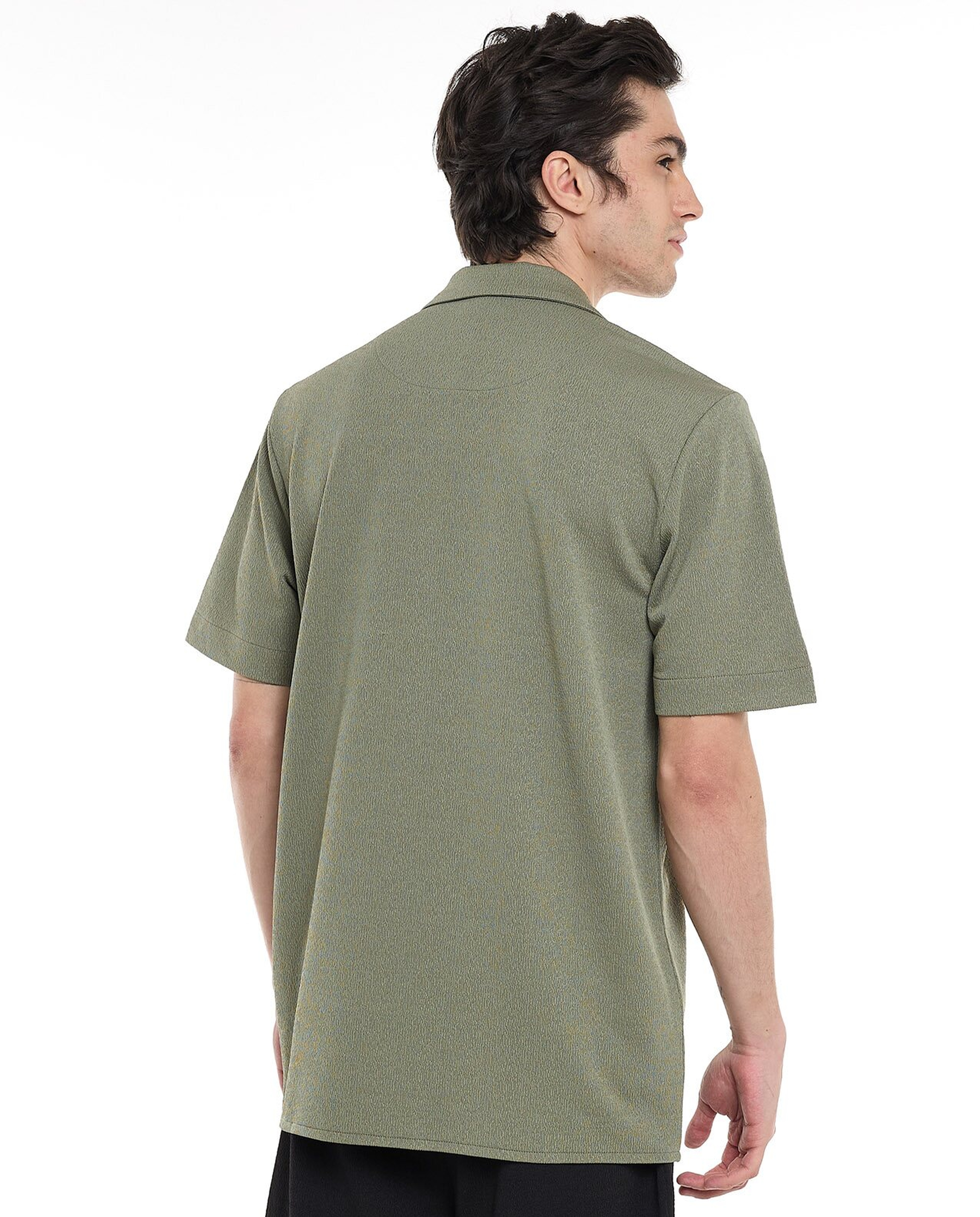 Textured Shirt with Revere Collar and Short Sleeves