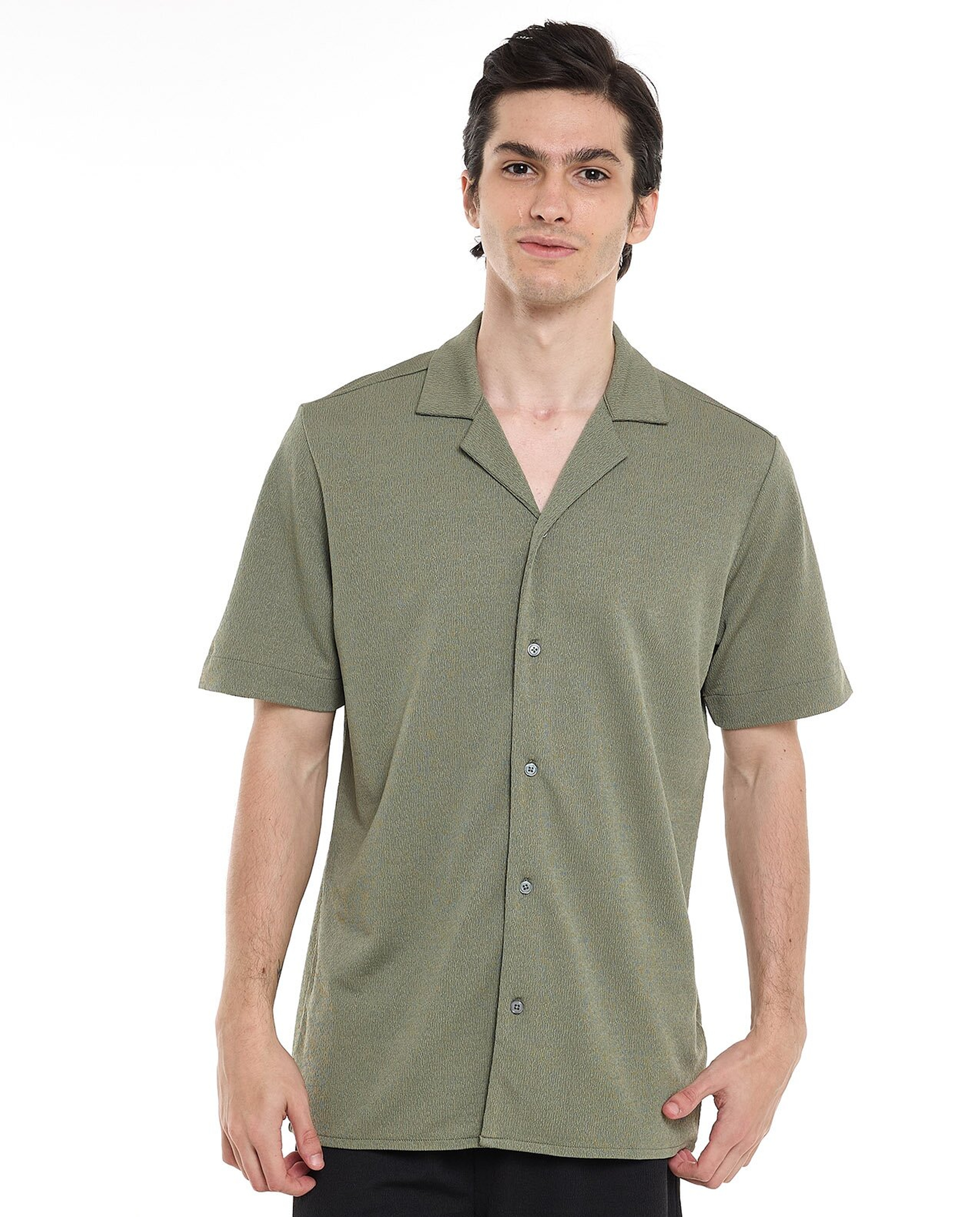 Textured Shirt with Revere Collar and Short Sleeves