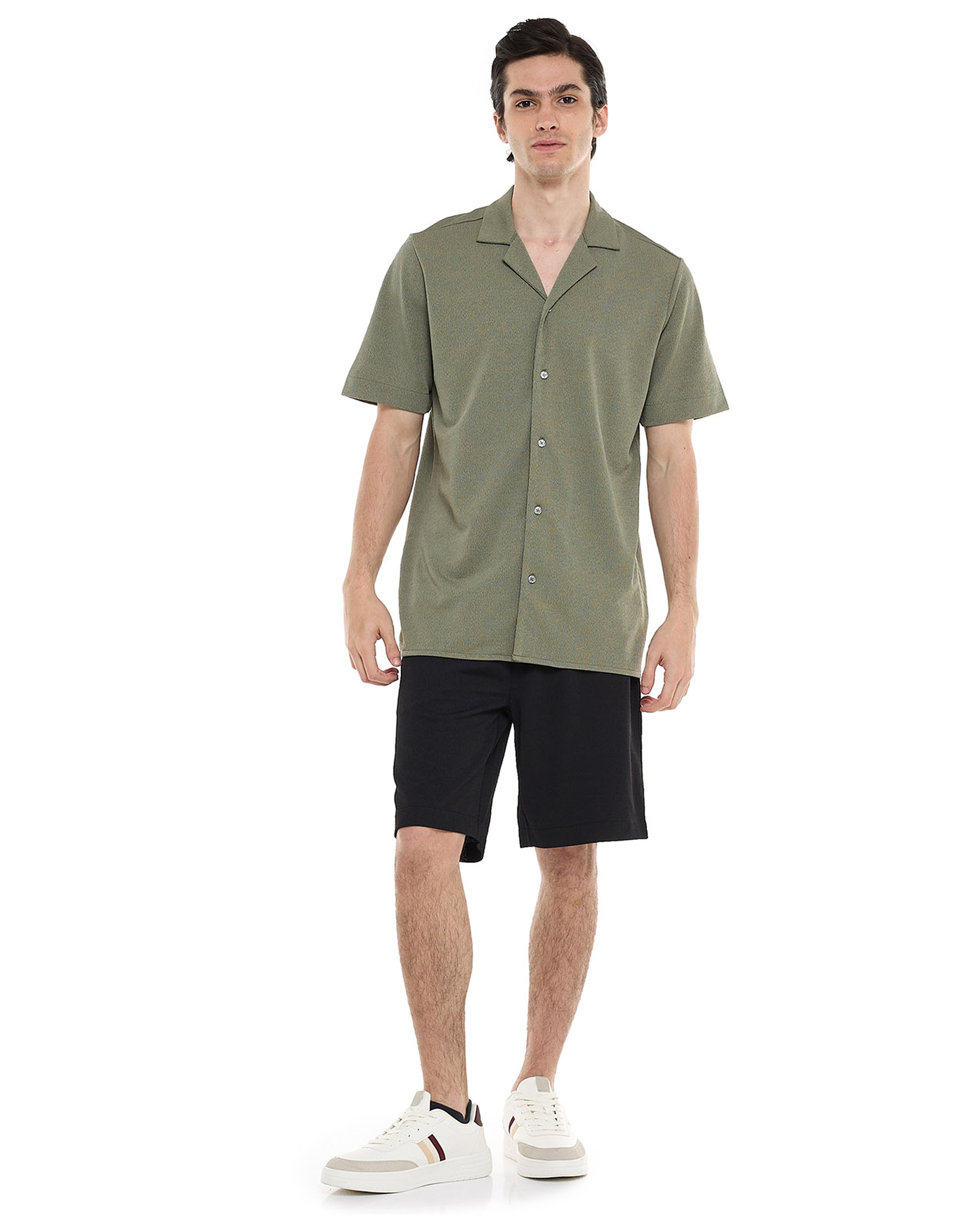Textured Shirt with Revere Collar and Short Sleeves