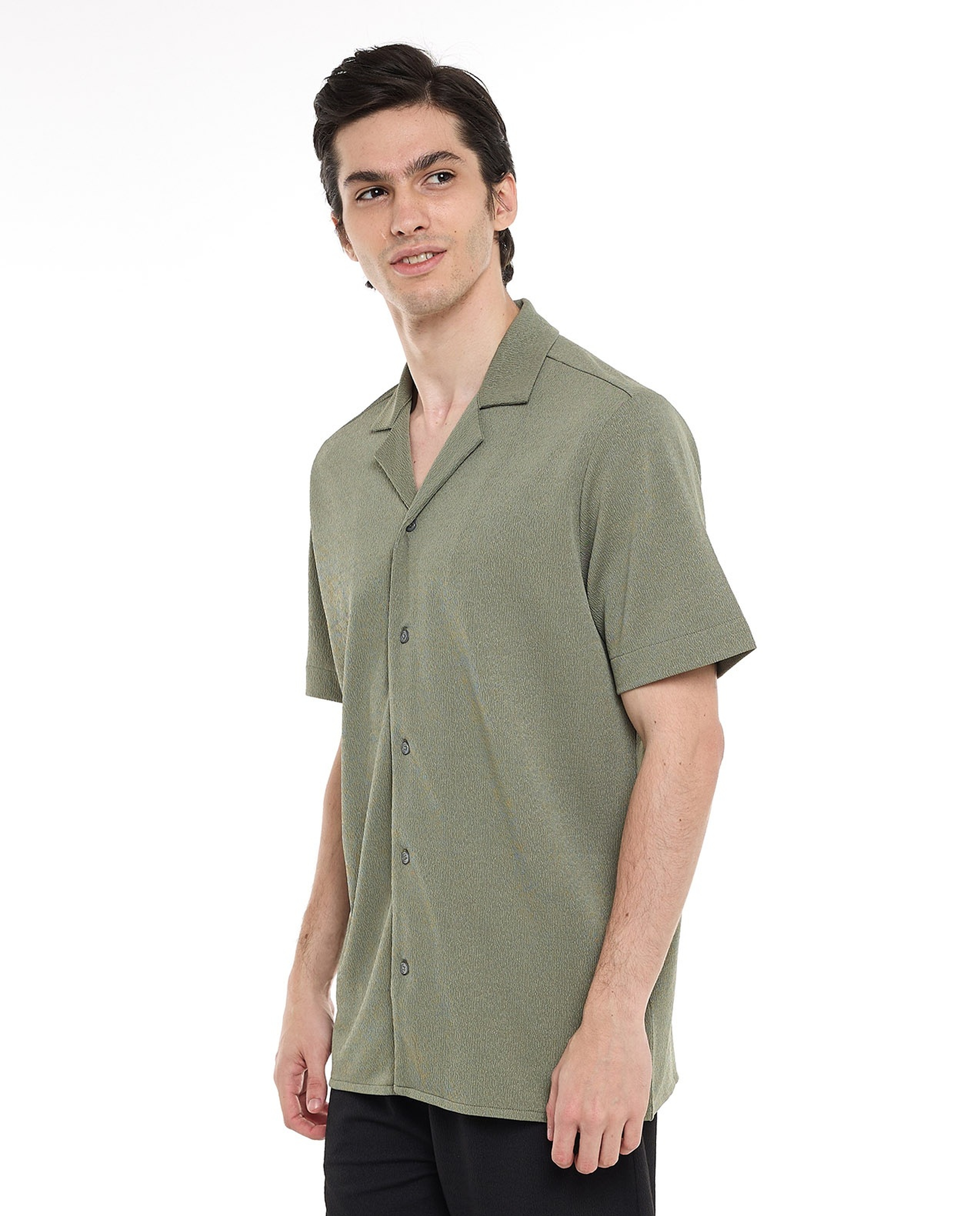 Textured Shirt with Revere Collar and Short Sleeves