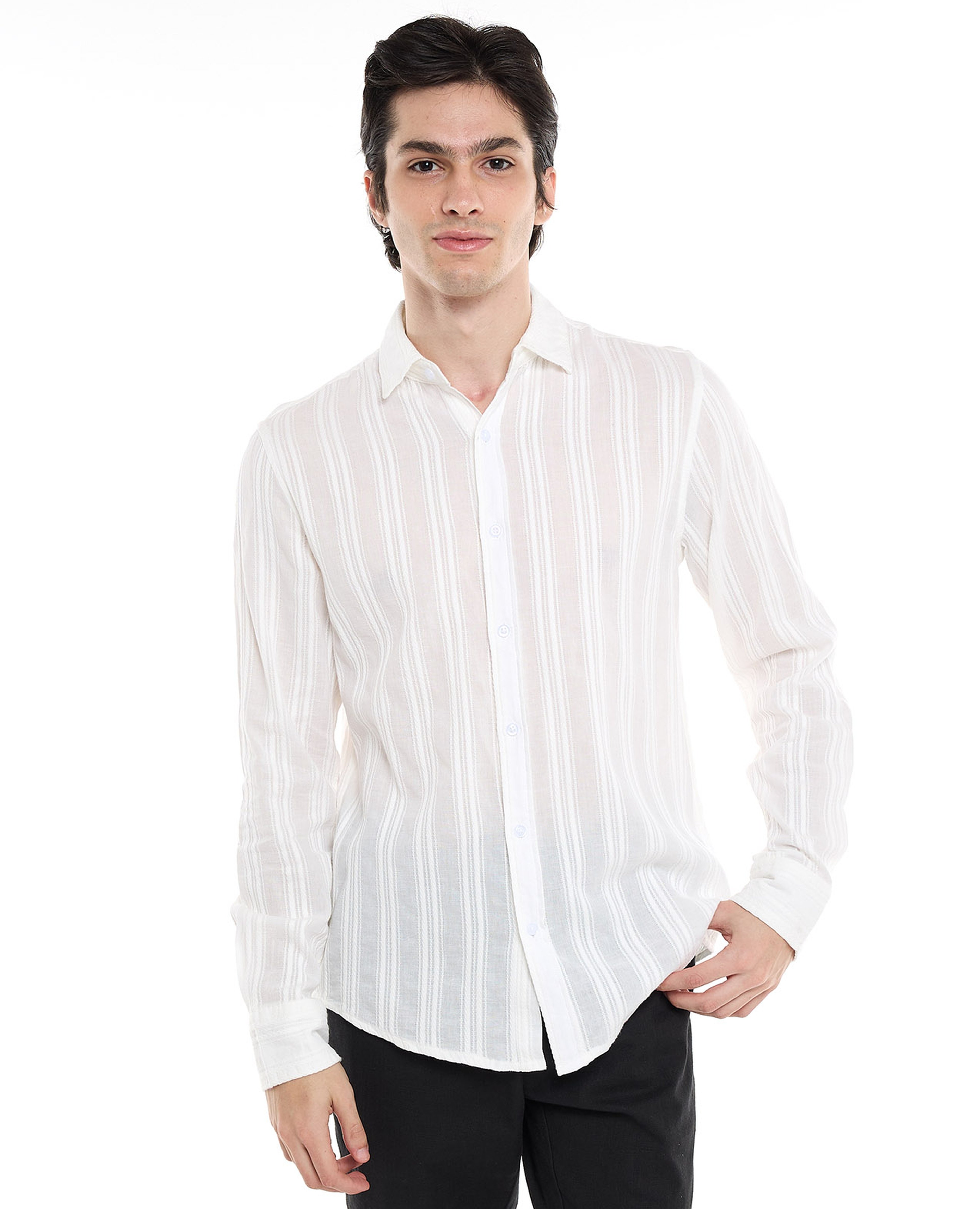Self Patterned Shirt with Classic Collar and Long Sleeves