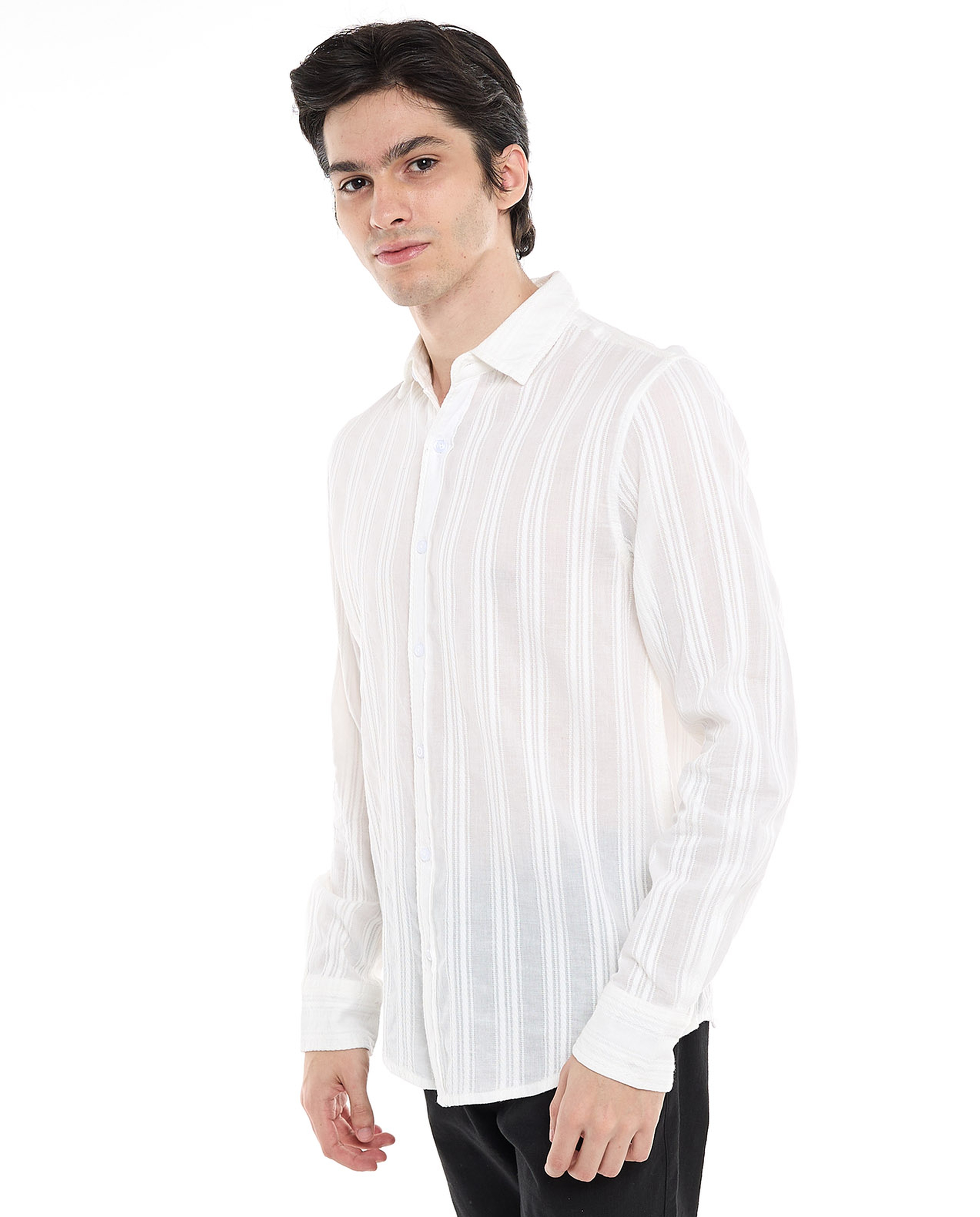 Self Patterned Shirt with Classic Collar and Long Sleeves