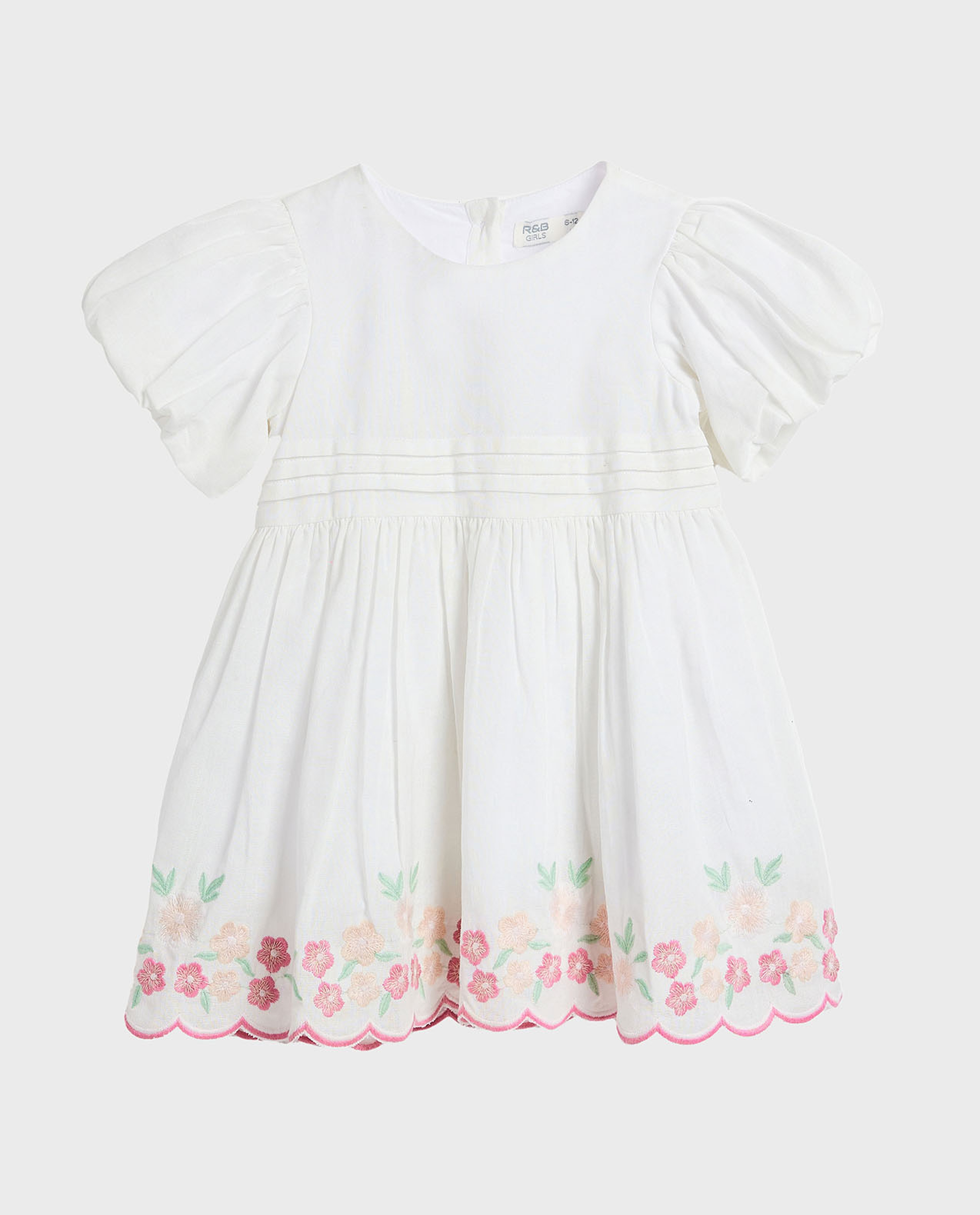 Embroidered Fit and Flare Dress with Balloon Sleeves