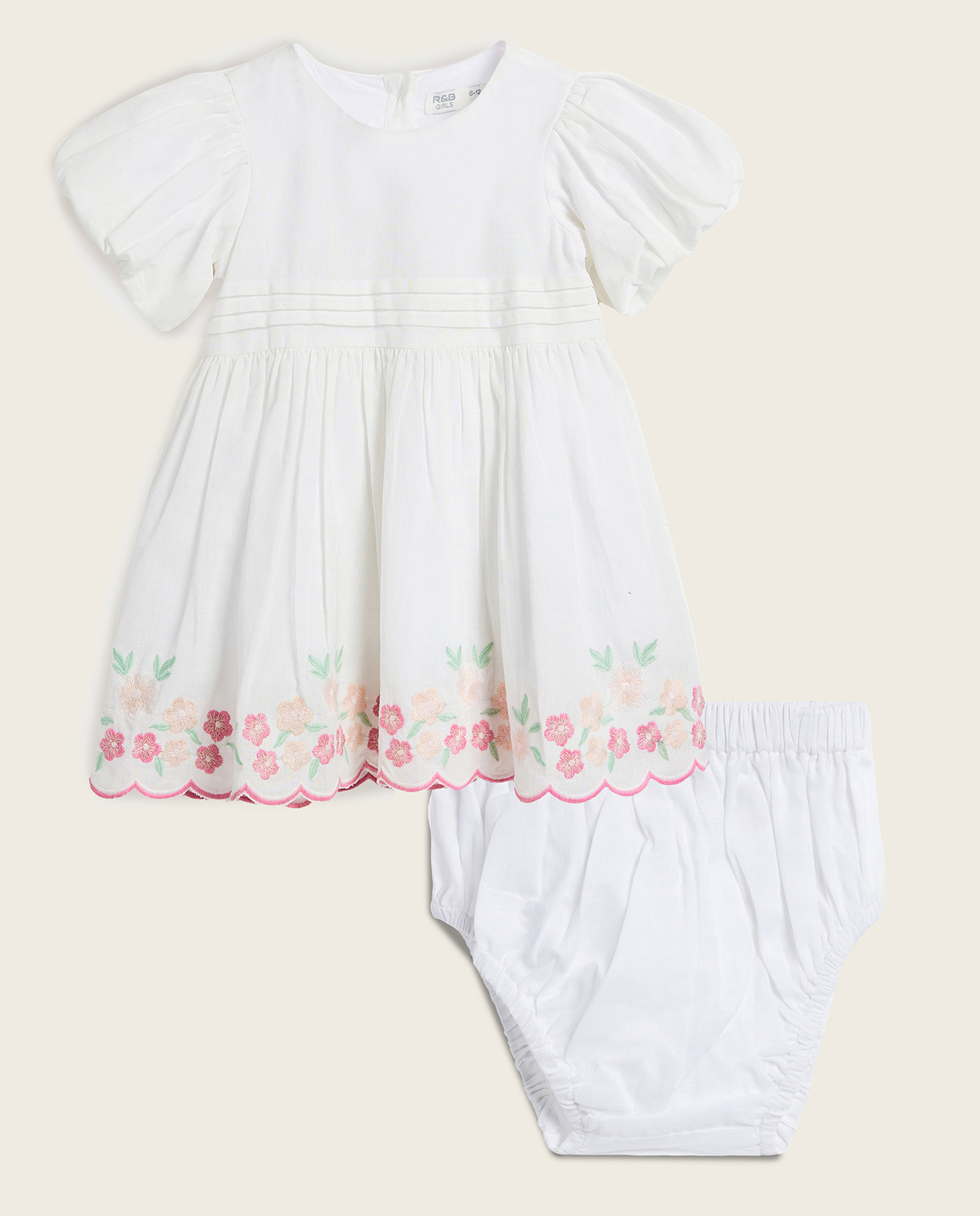 Embroidered Fit and Flare Dress with Balloon Sleeves