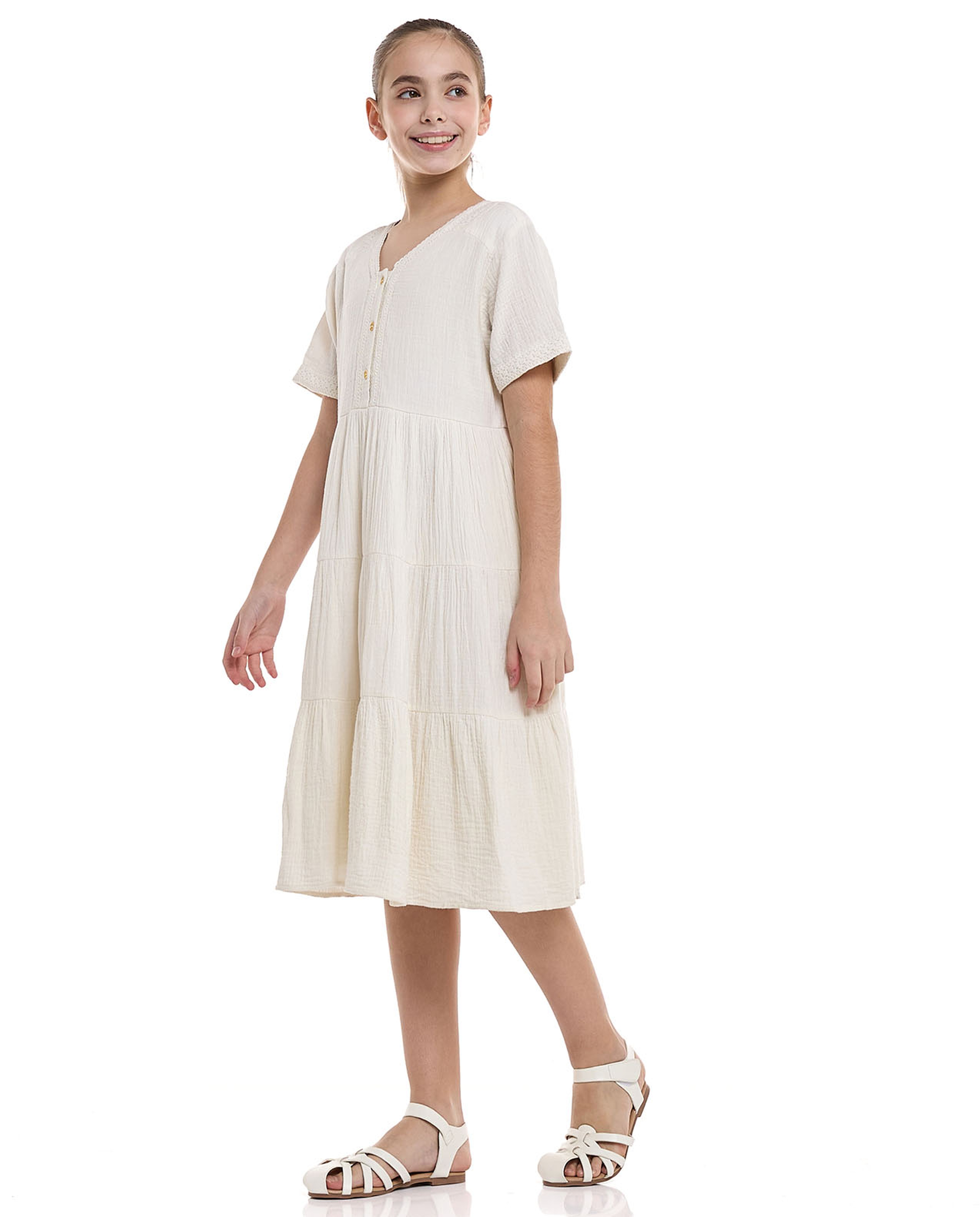 Solid Tiered Dress With V-Neck And Short Sleeves