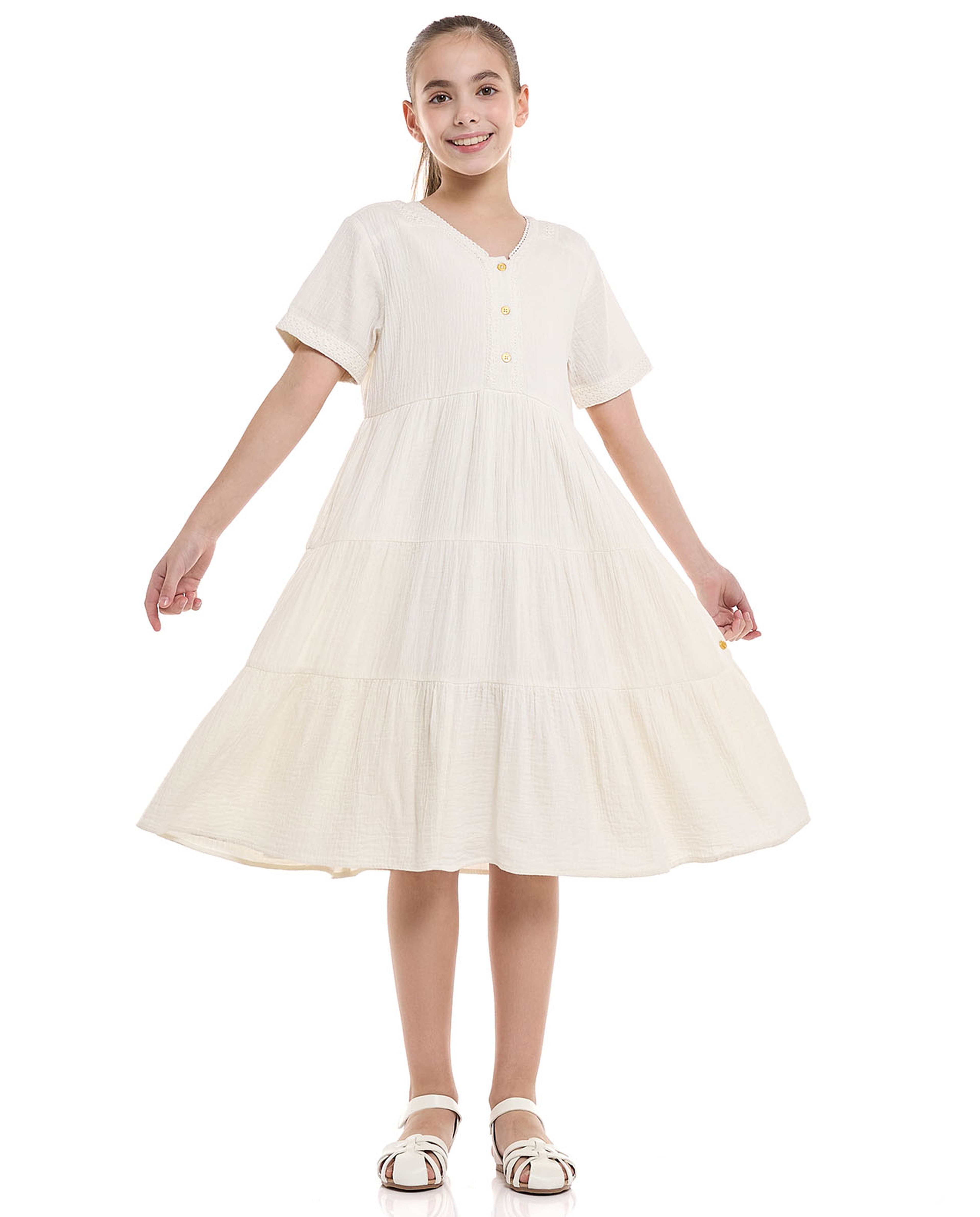 Solid Tiered Dress With V-Neck And Short Sleeves