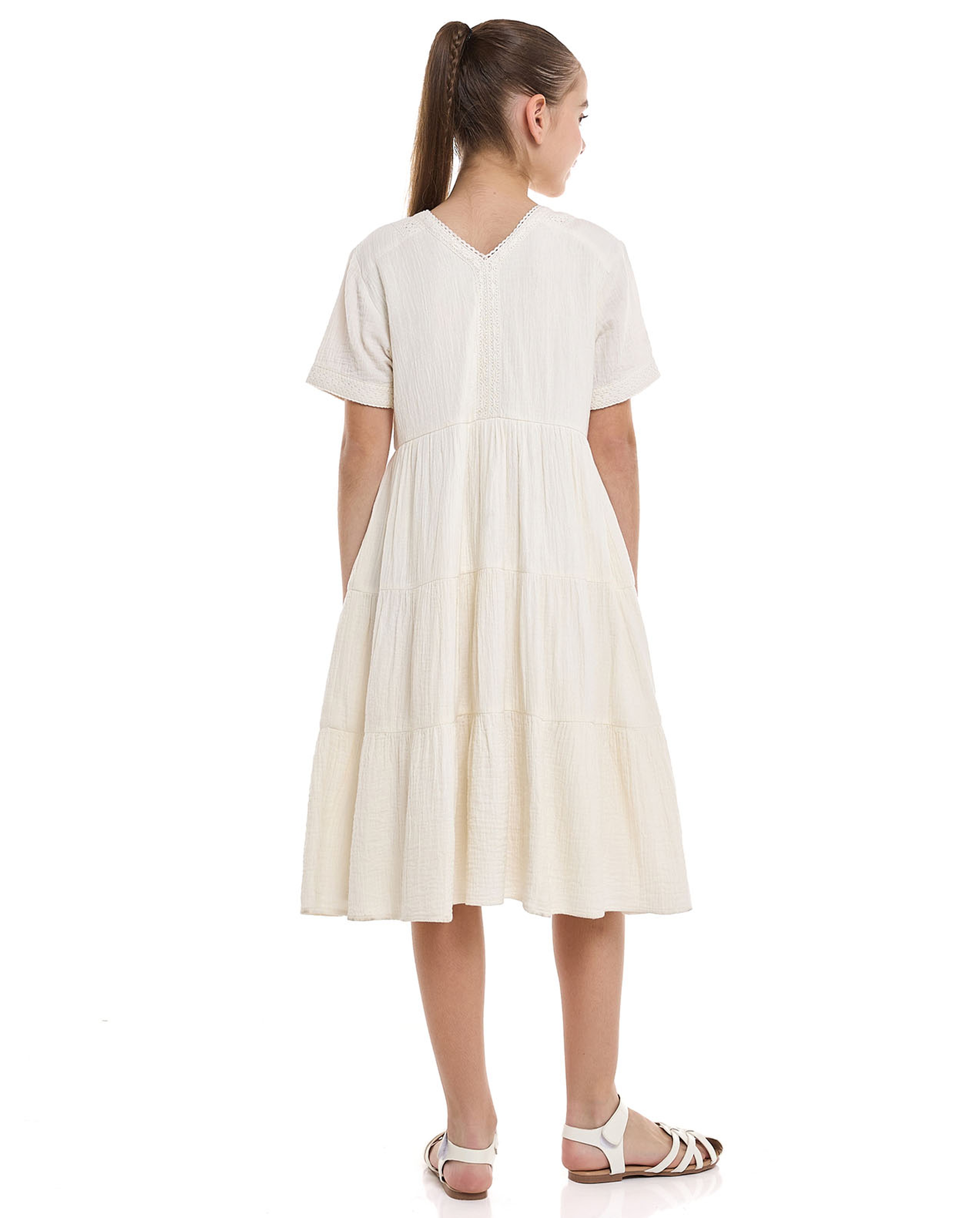 Solid Tiered Dress With V-Neck And Short Sleeves