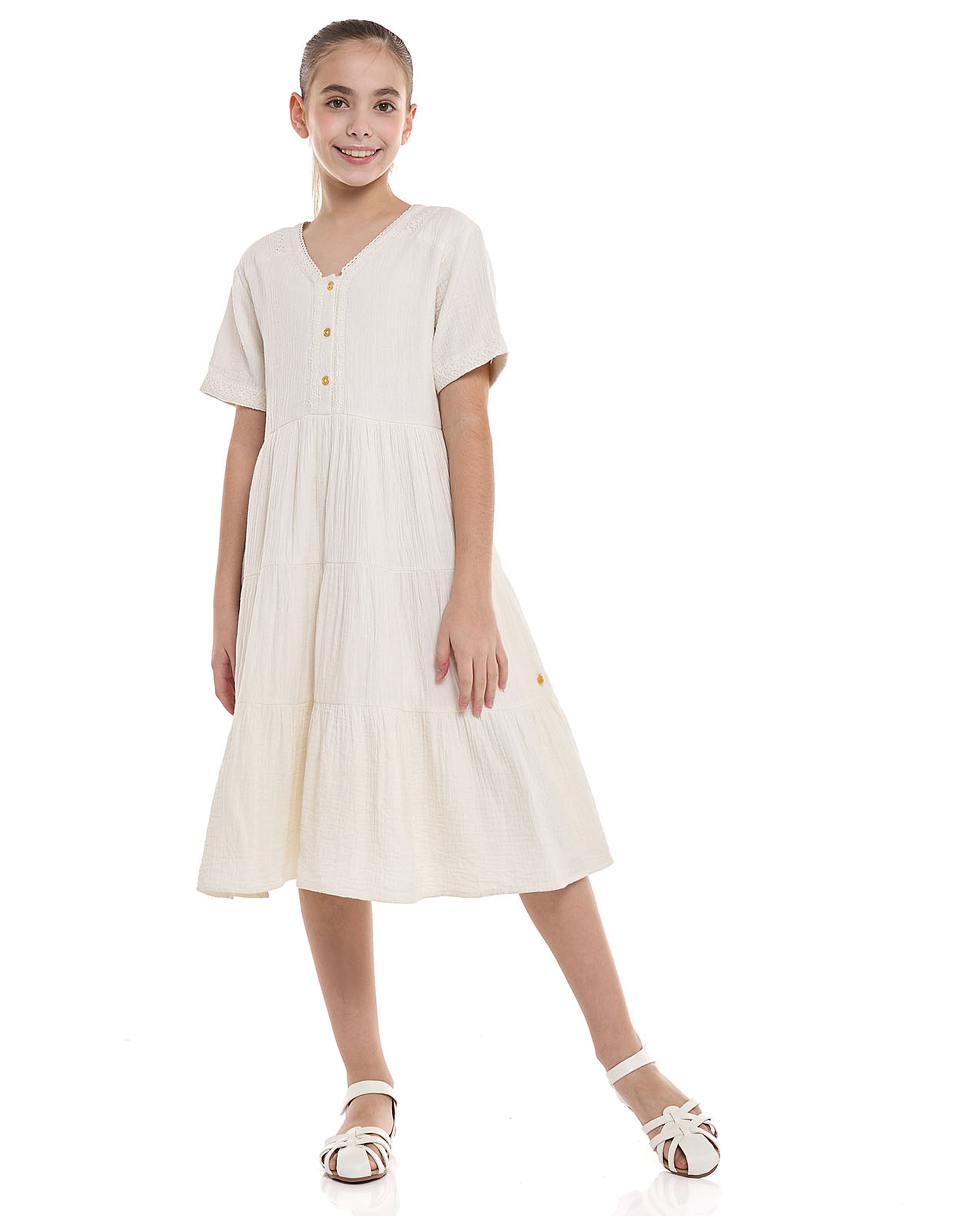 Solid Tiered Dress With V-Neck And Short Sleeves