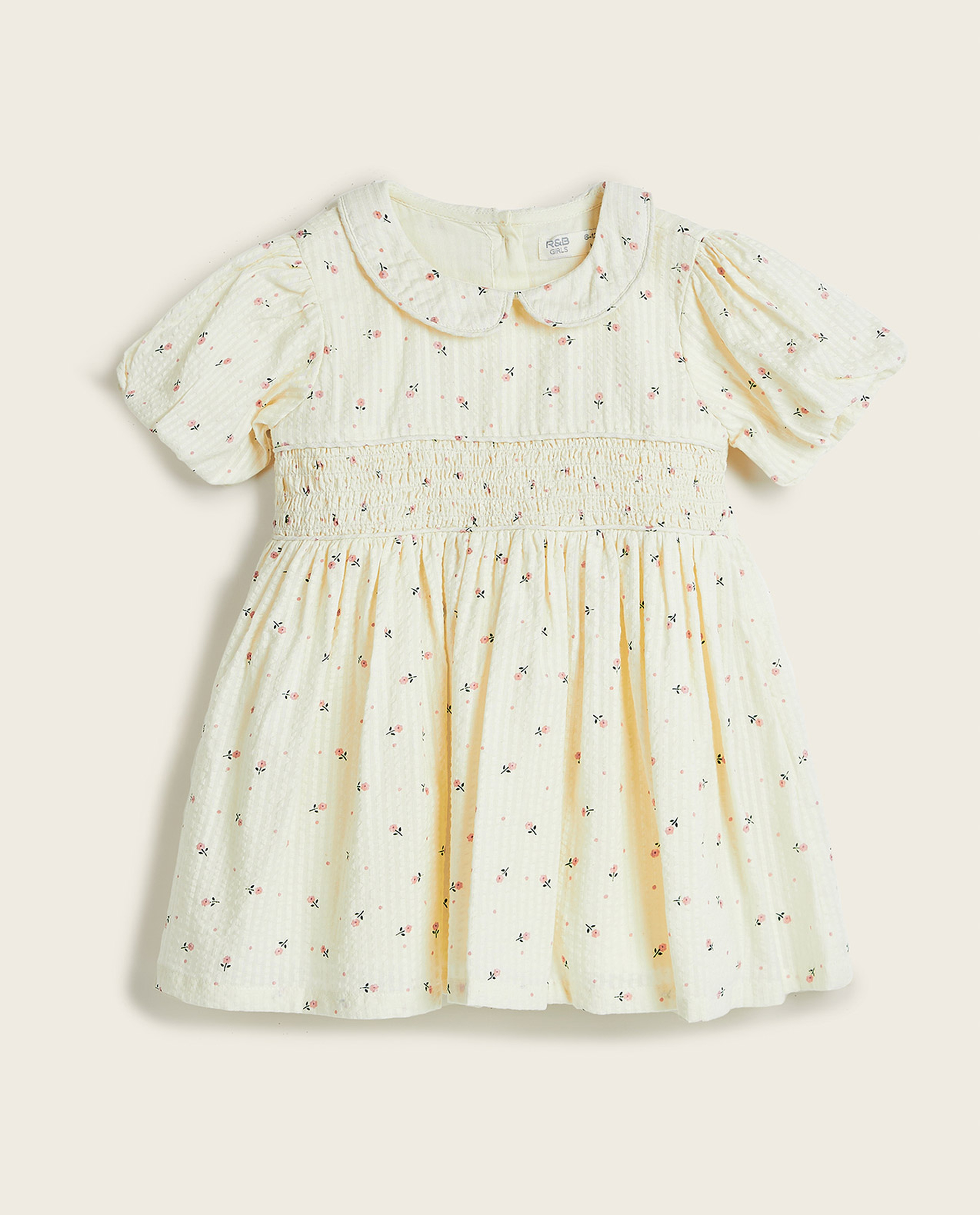 Printed Fit and Flare Dress with Baby Collar and Puff Sleeves