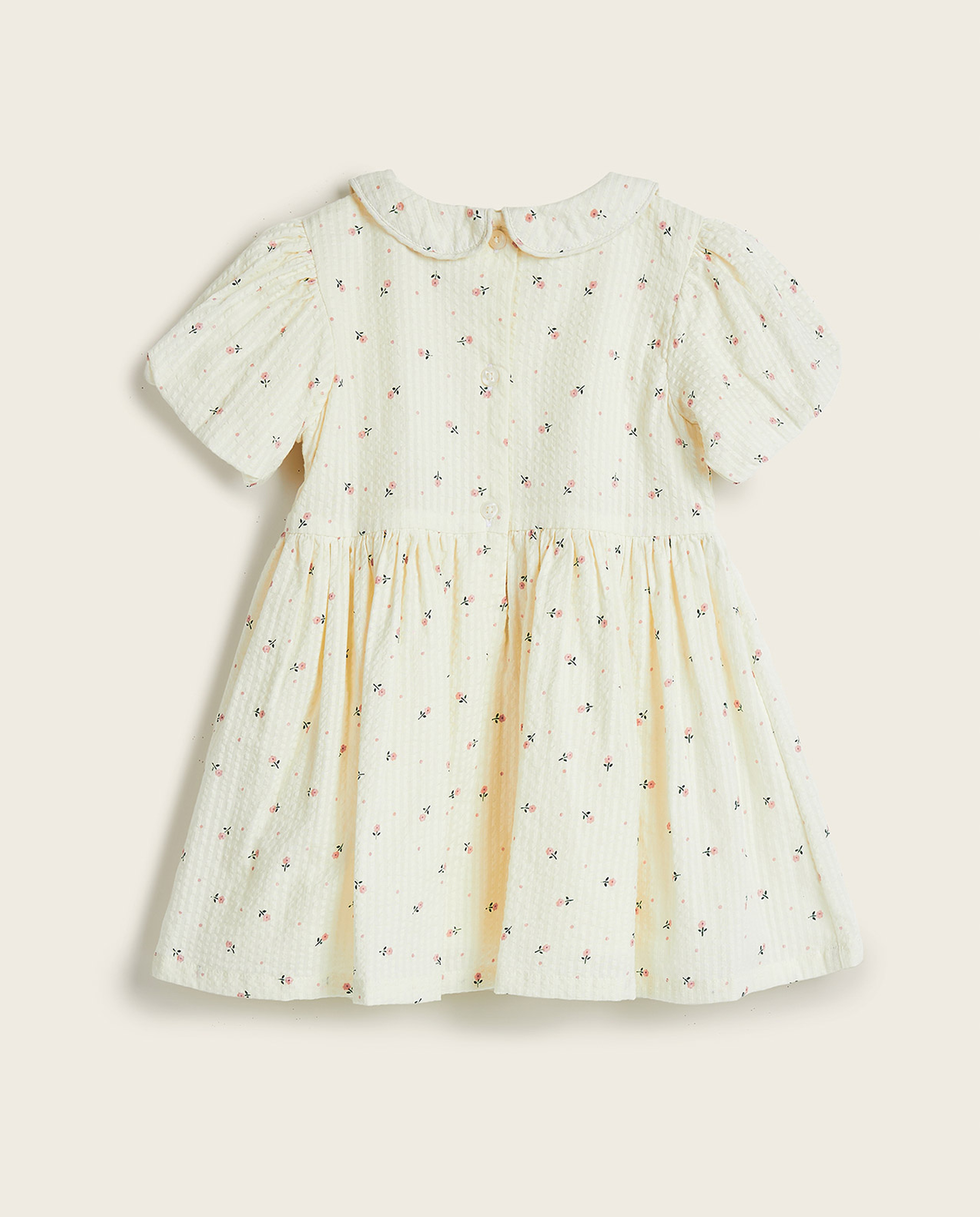 Printed Fit and Flare Dress with Baby Collar and Puff Sleeves