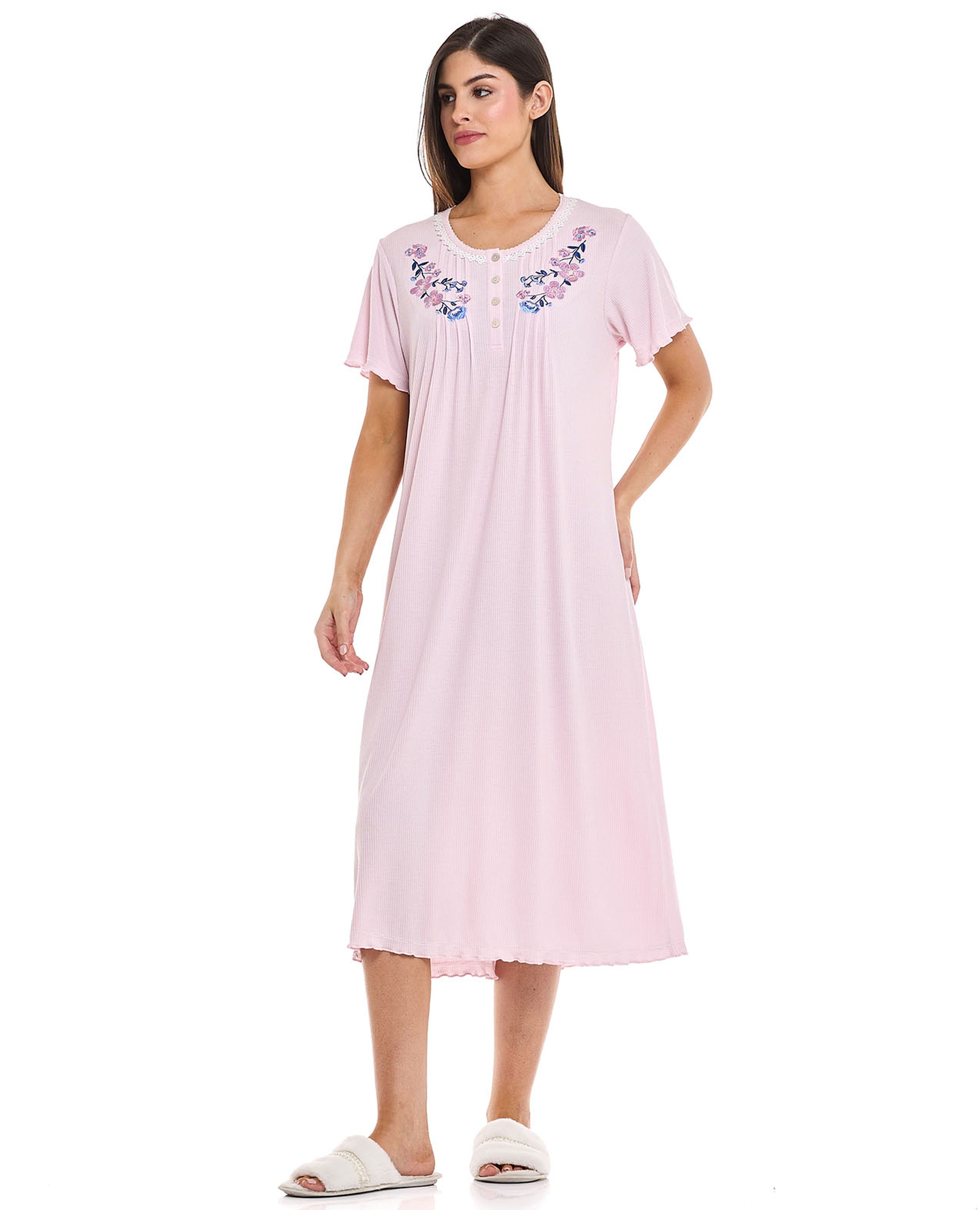 Embroidered Night Gown with Short Sleeves
