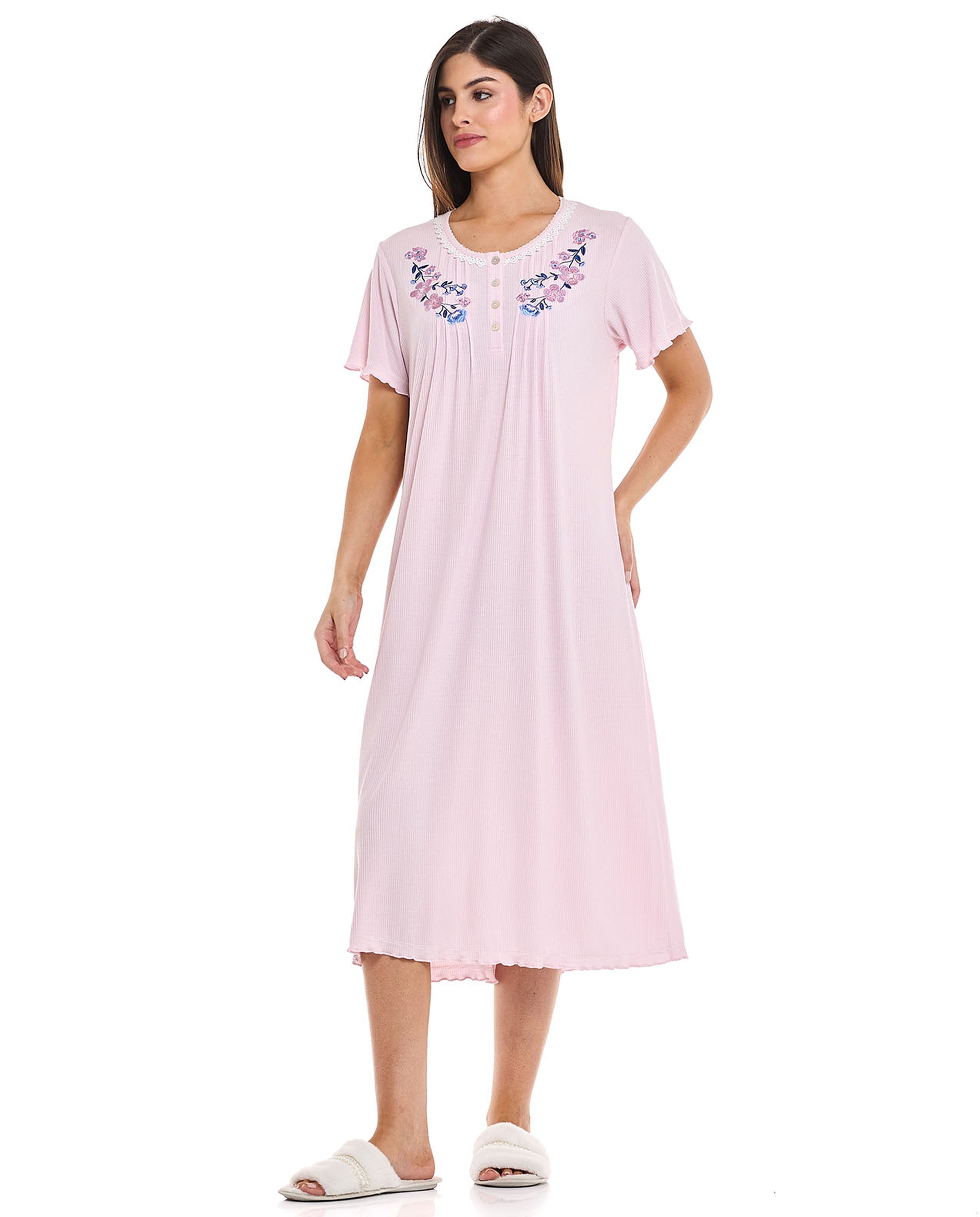 Embroidered Night Gown with Short Sleeves