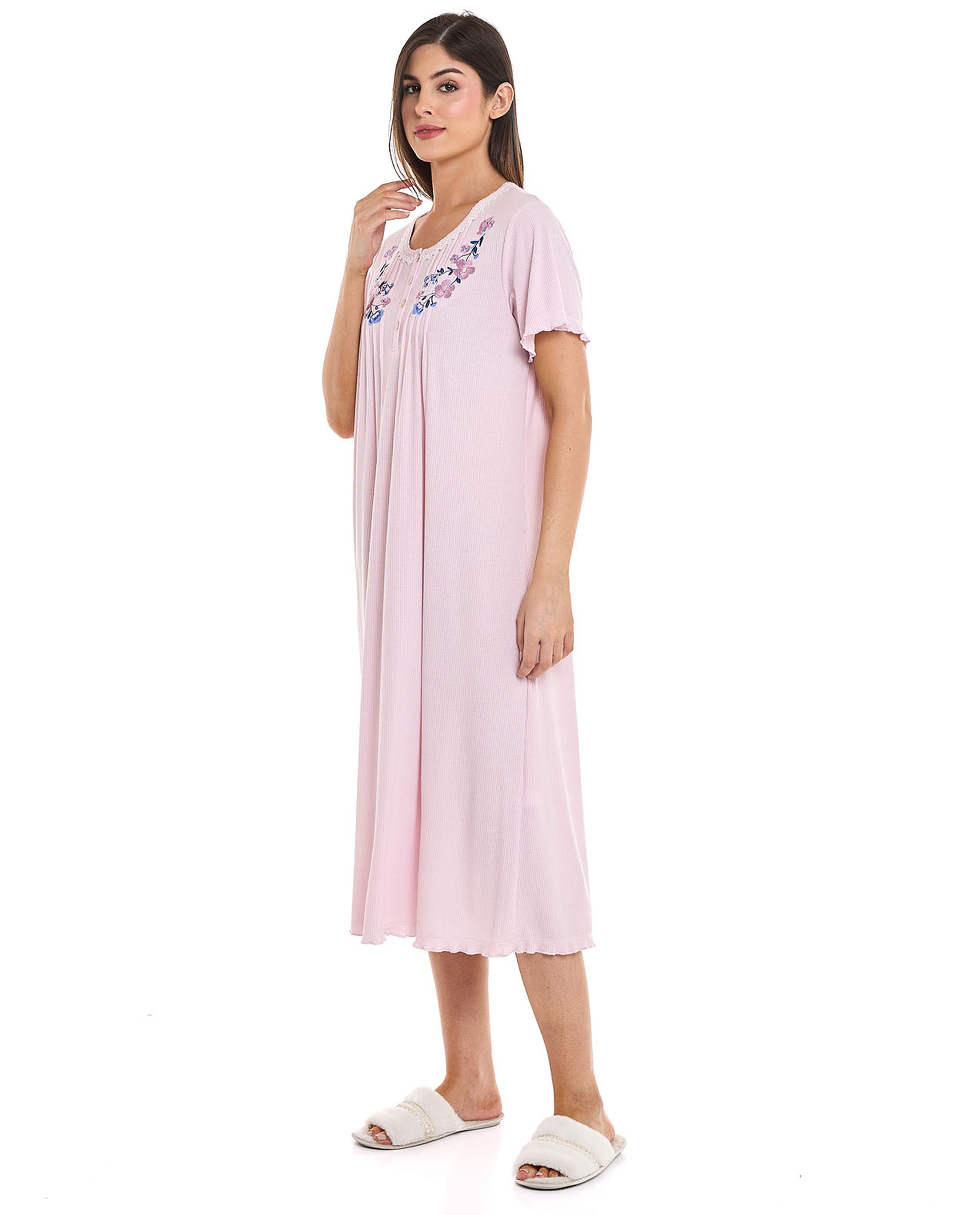 Embroidered Night Gown with Short Sleeves