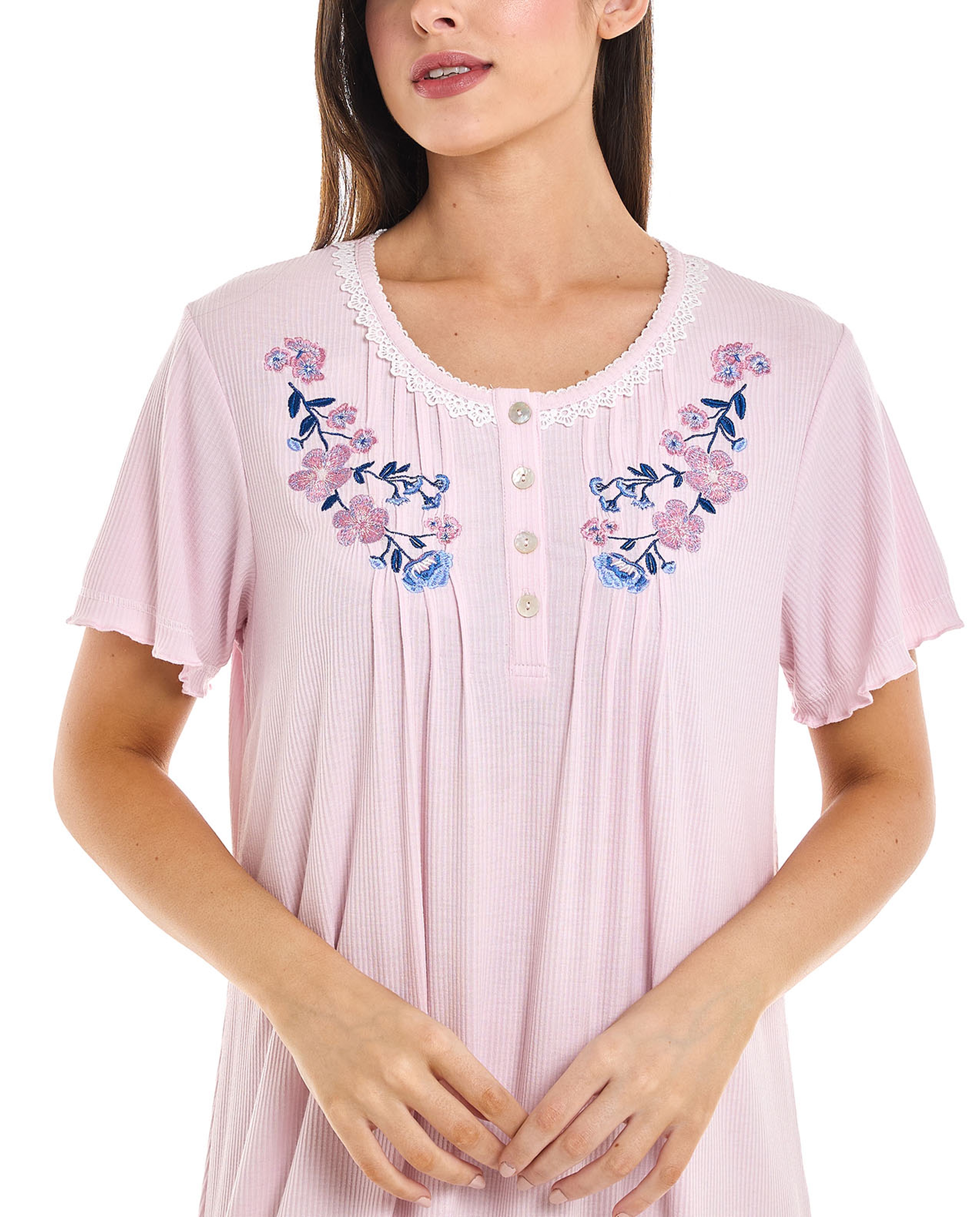 Embroidered Night Gown with Short Sleeves