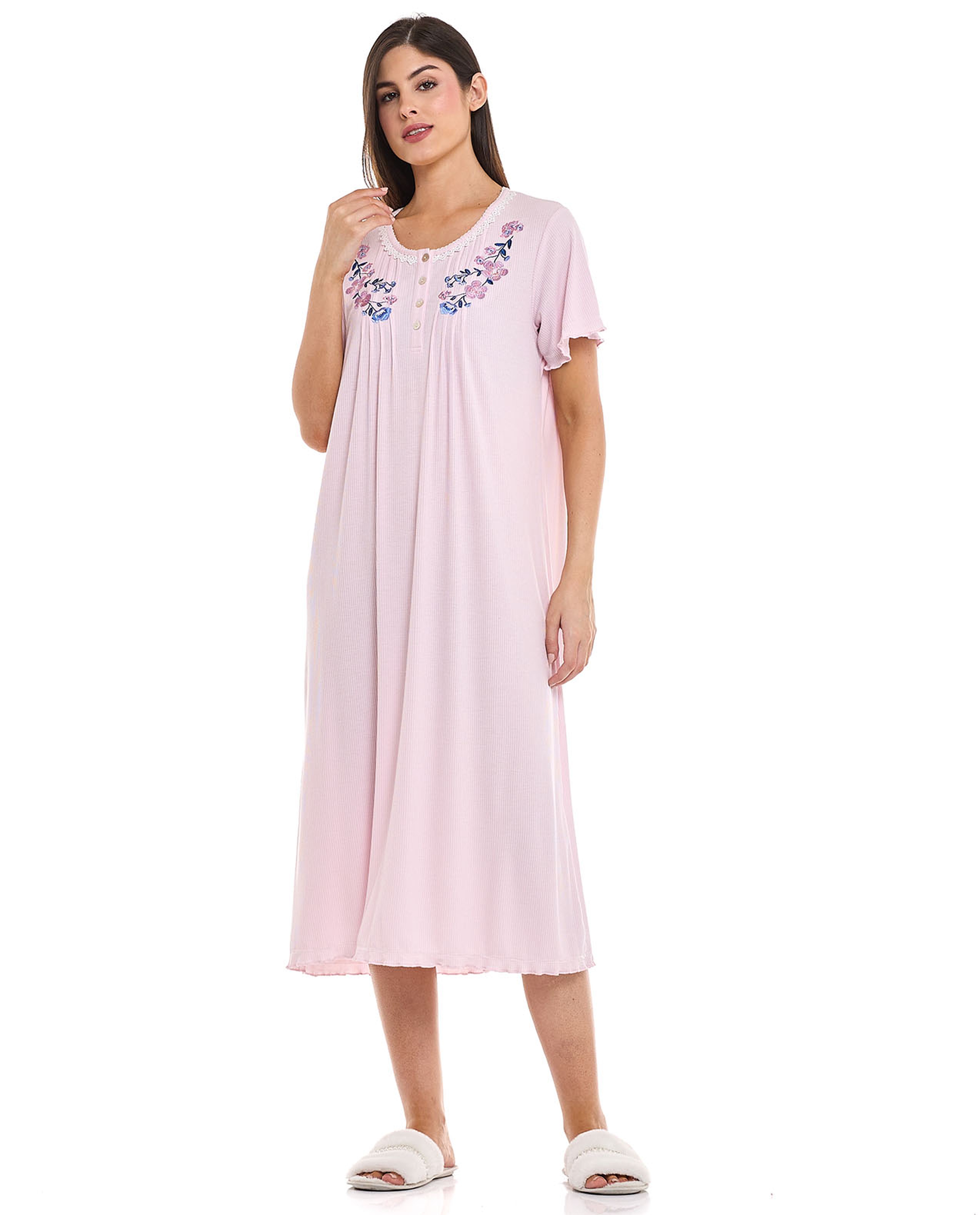 Embroidered Night Gown with Short Sleeves